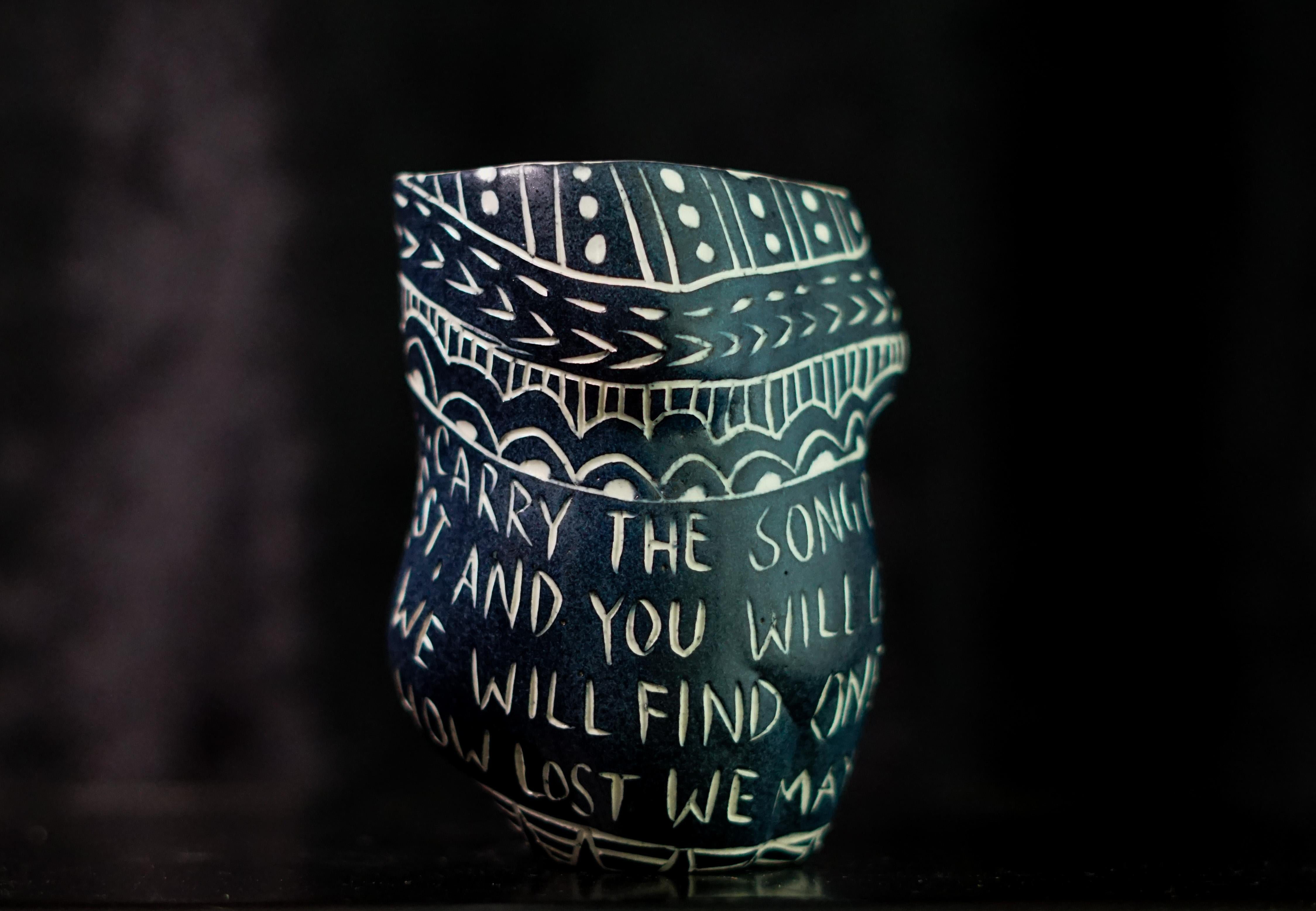 “Carry the Song..” Porcelain cup with sgraffito detailing by the artist For Sale 1