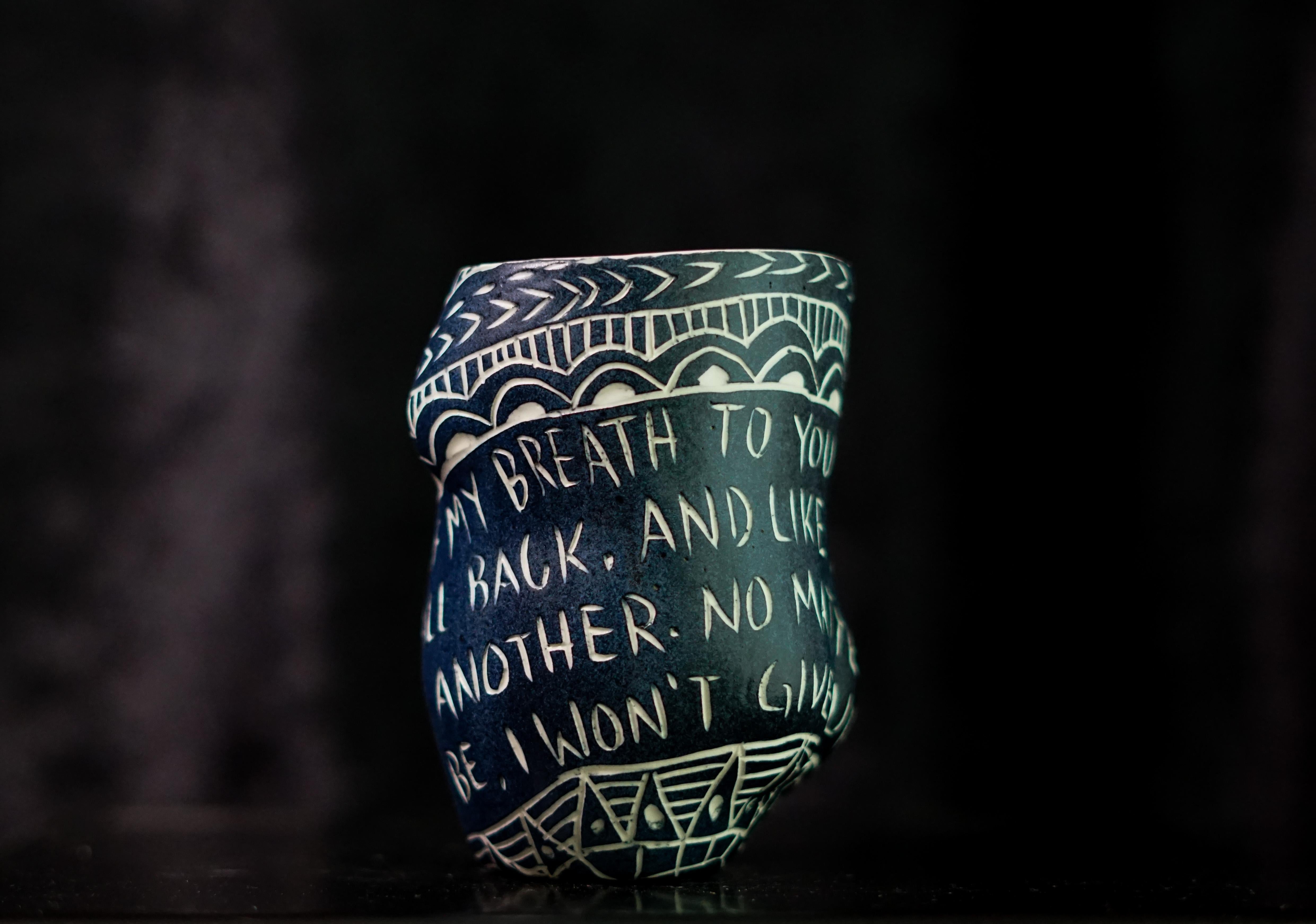 “Carry the Song..” Porcelain cup with sgraffito detailing by the artist For Sale 3