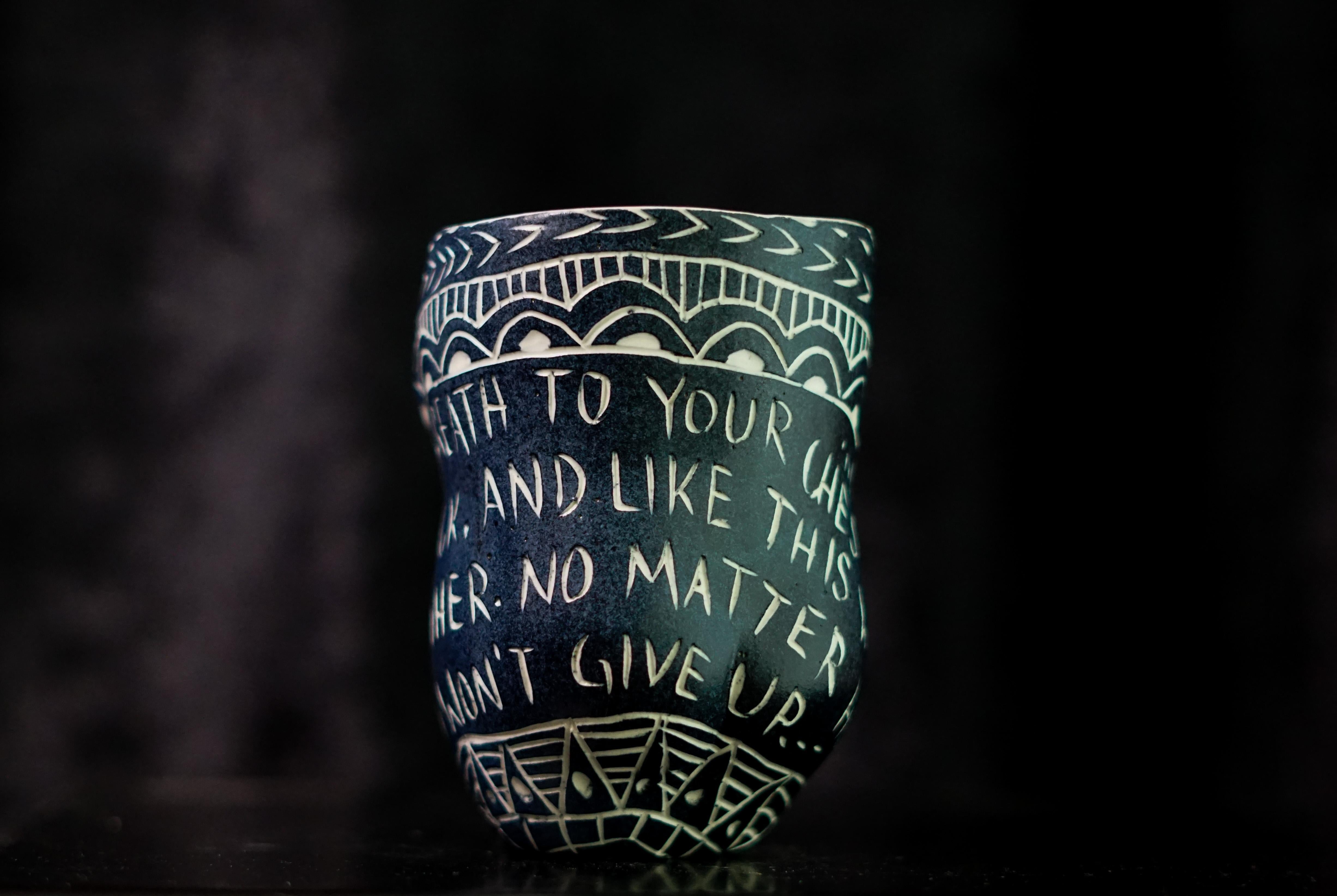 “Carry the Song..” Porcelain cup with sgraffito detailing by the artist For Sale 4
