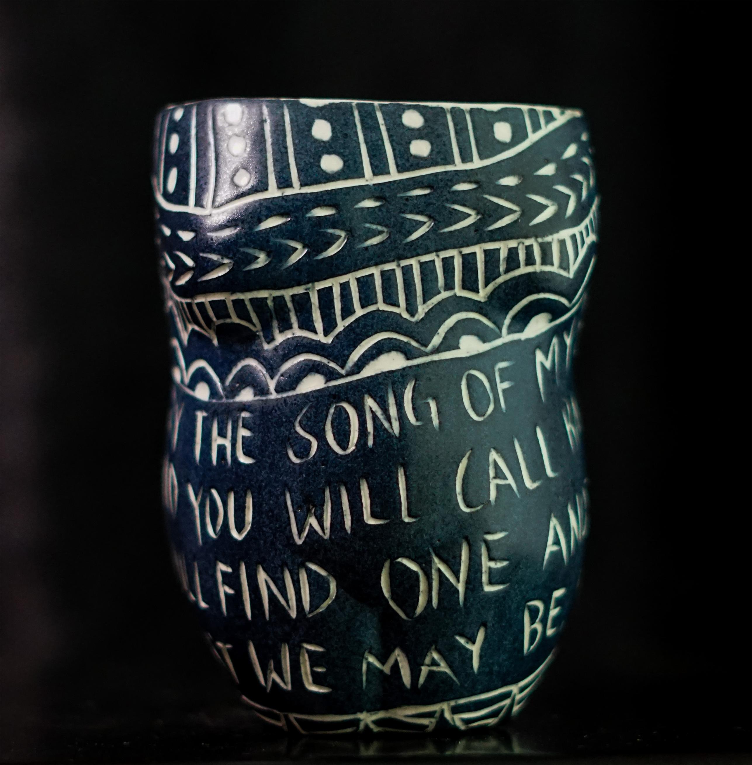 Alex Hodge Abstract Sculpture - “Carry the Song..” Porcelain cup with sgraffito detailing by the artist