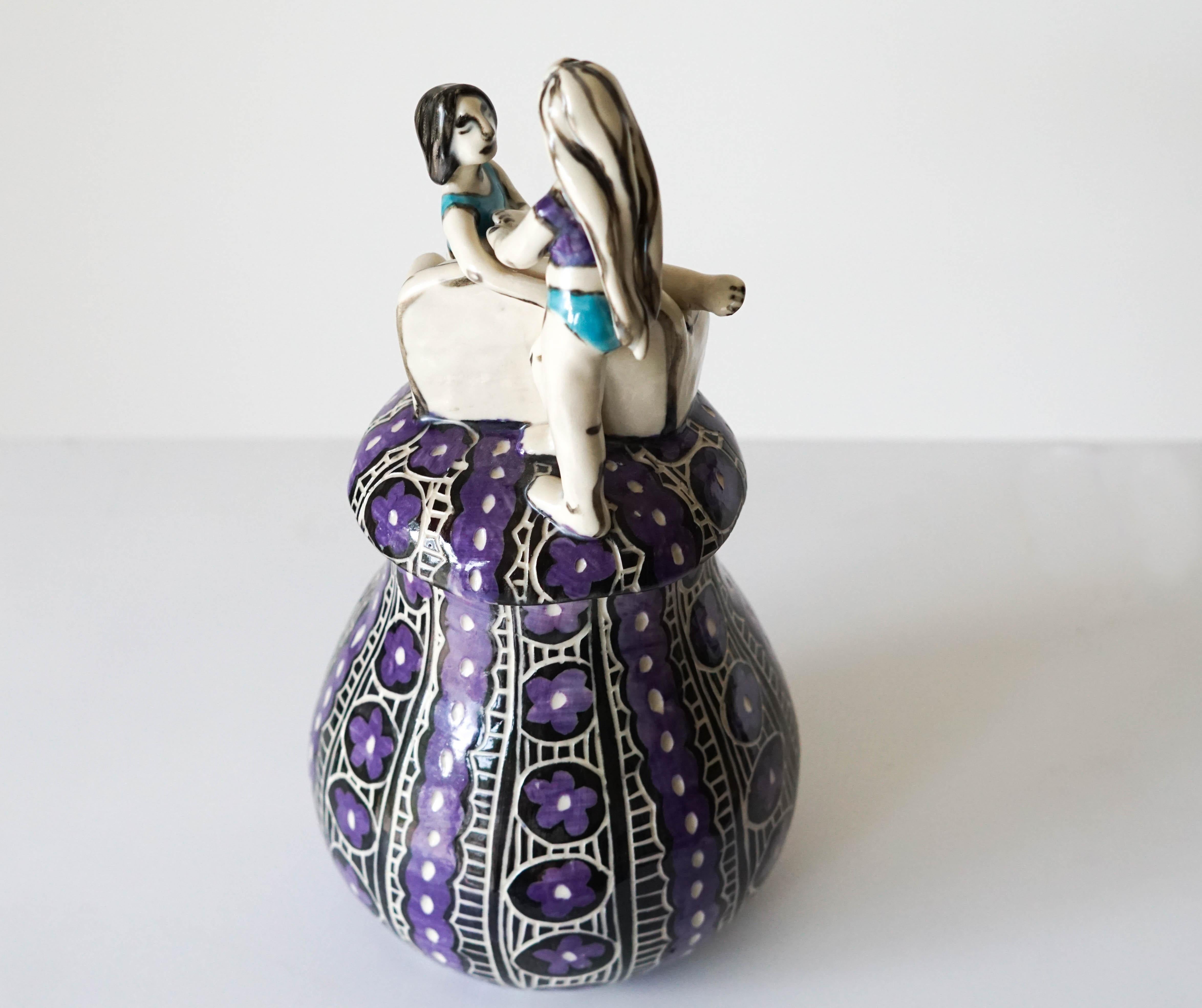 Coming Home, Porcelain Sculptural Jar with Underglaze Sgraffito Detailing.