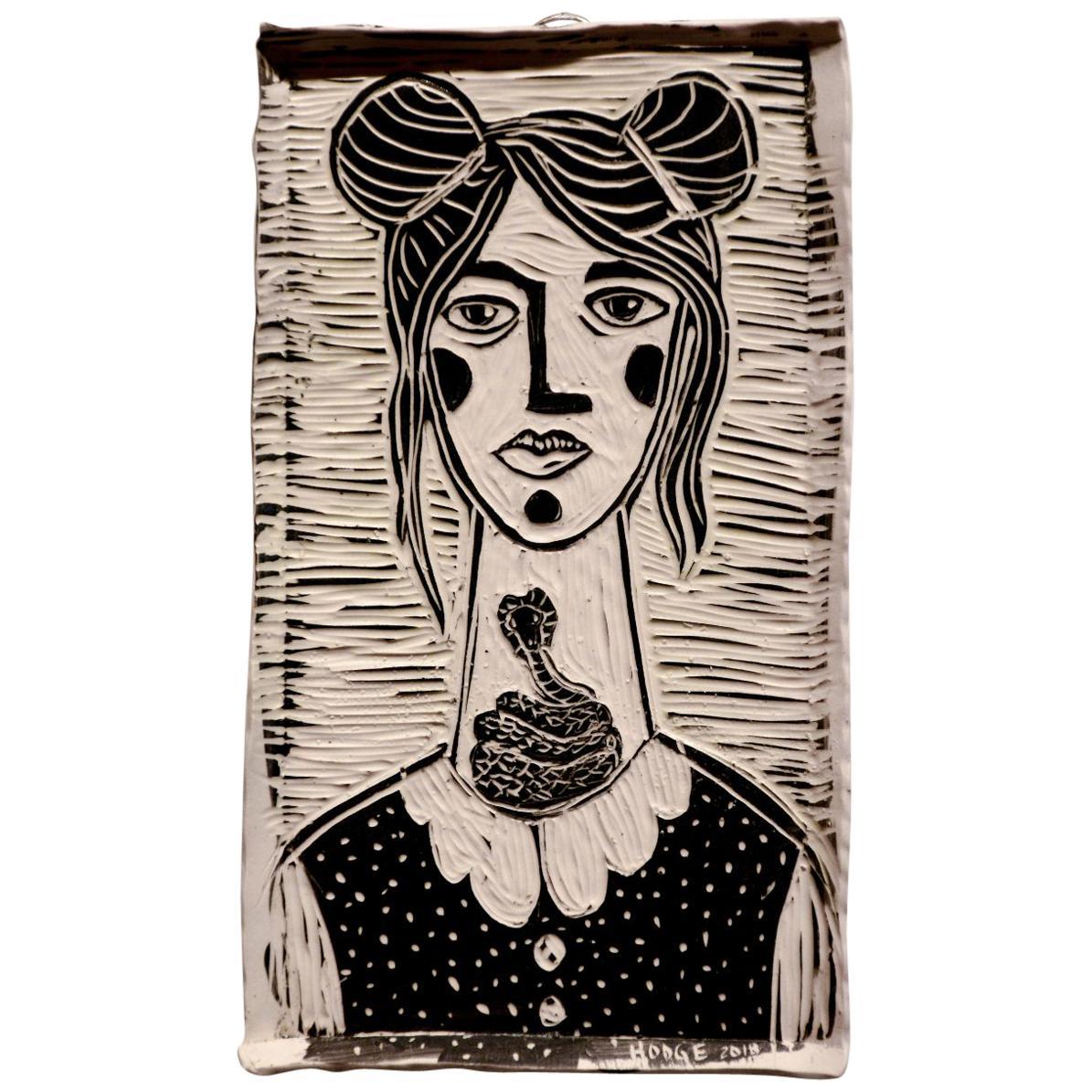 Curled Girl Portrait. Carved Porcelain Wall Sculpture