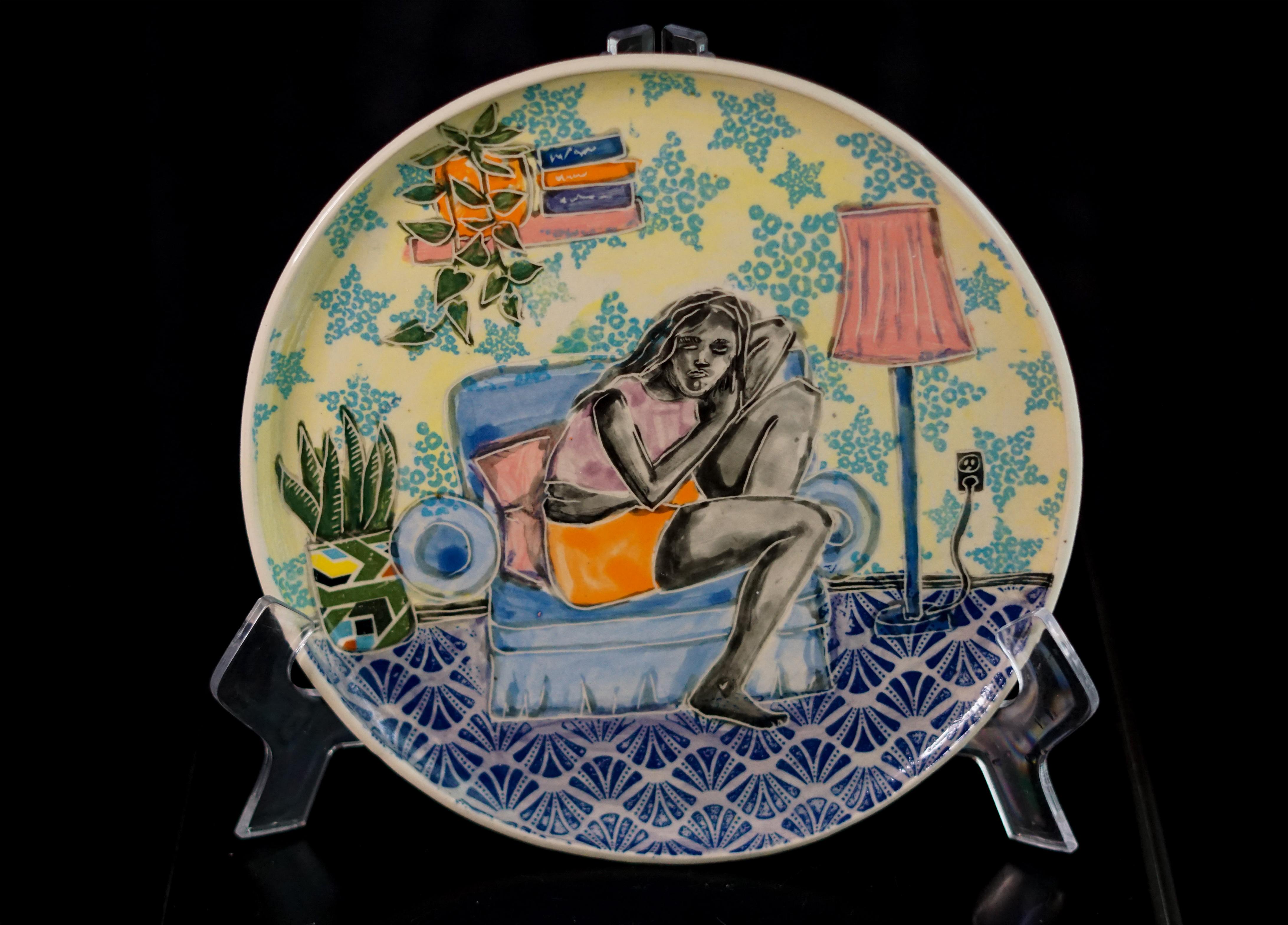 Dreaming in Technicolor, Hand built plate with sgraffito and collaged transfer For Sale 1