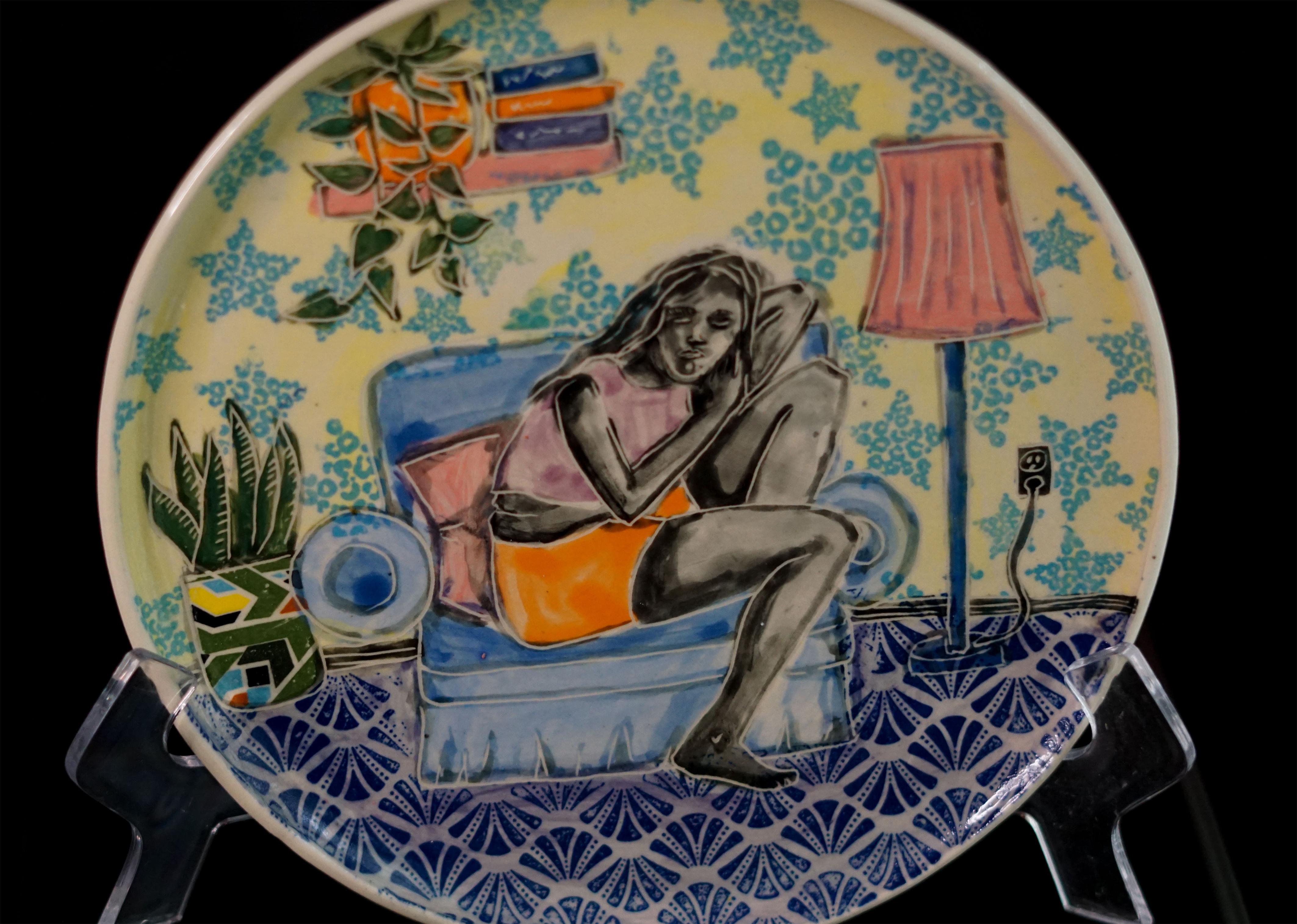 Dreaming in Technicolor, Hand built plate with sgraffito and collaged transfer For Sale 2