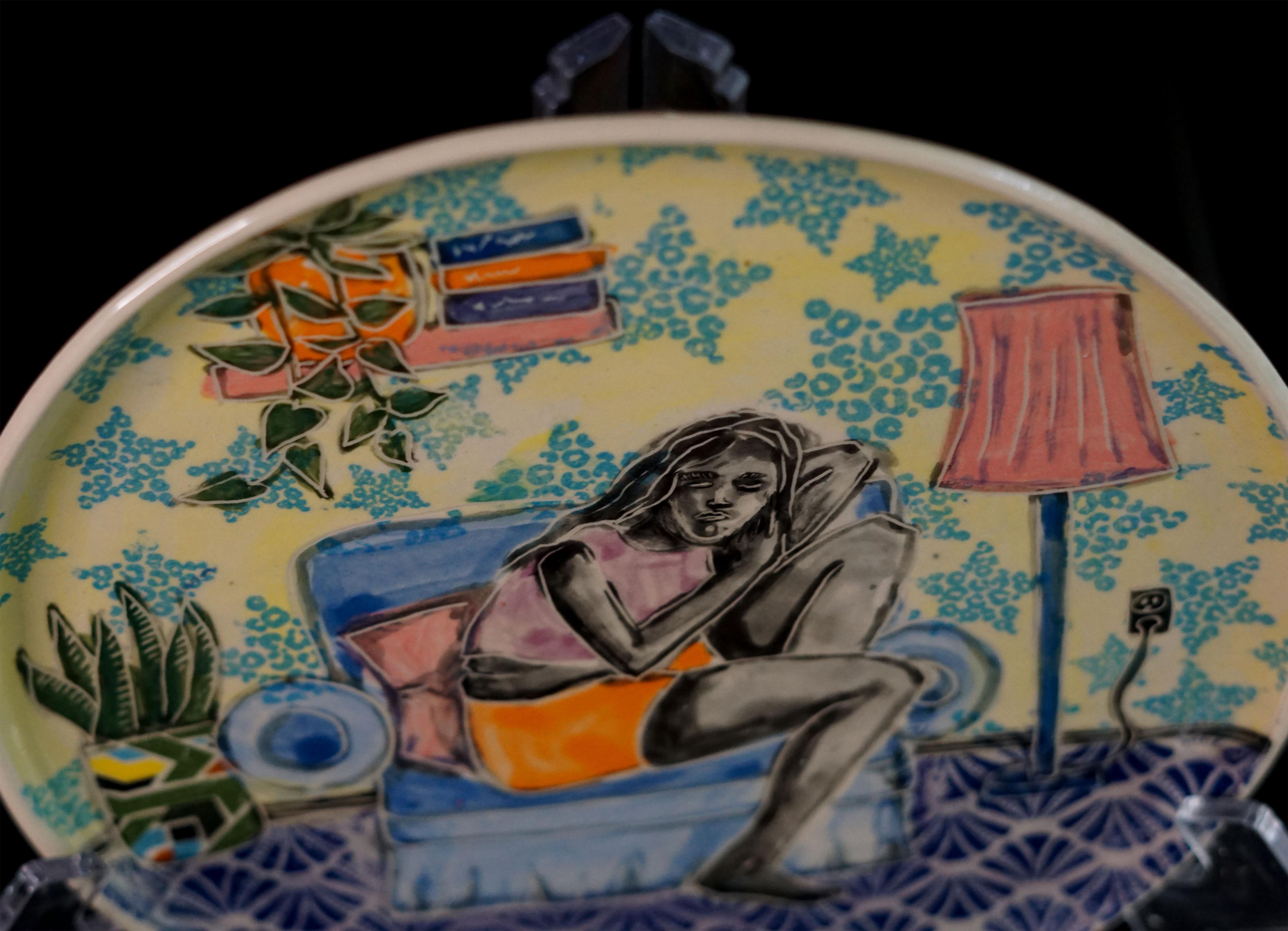 Dreaming in Technicolor, Hand built plate with sgraffito and collaged transfer For Sale 3
