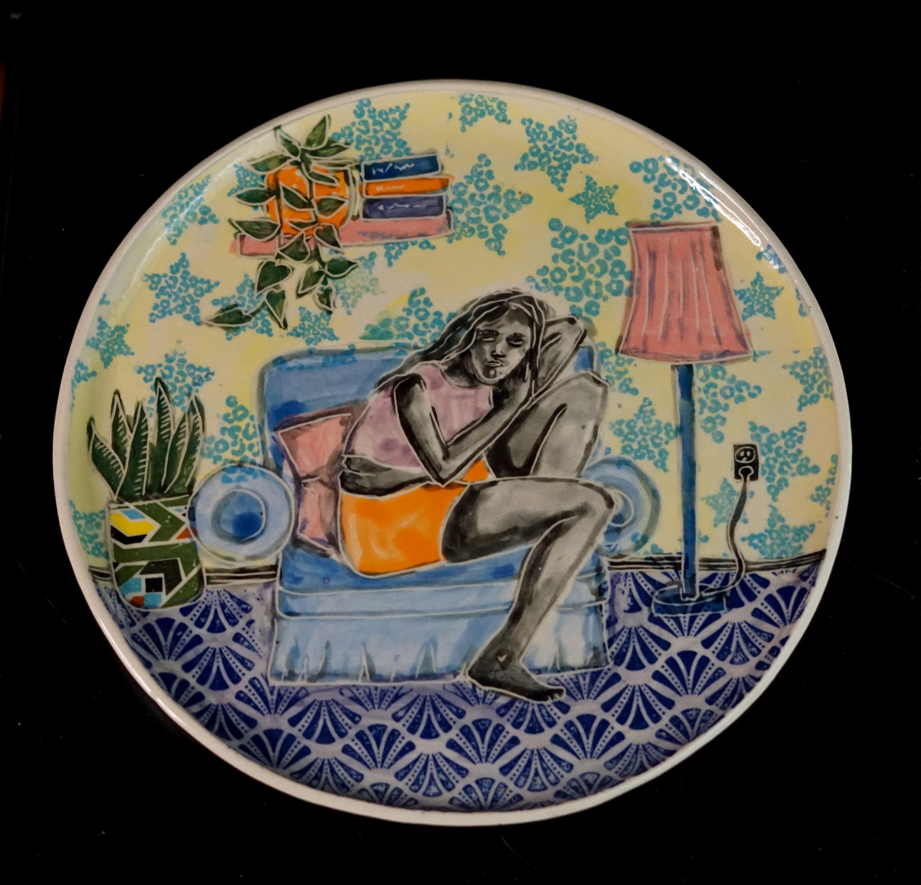 Alex Hodge Nude Sculpture - Dreaming in Technicolor, Hand built plate with sgraffito and collaged transfer