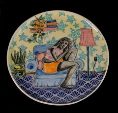 Dreaming in Technicolor, Hand built plate with sgraffito and collaged transfer