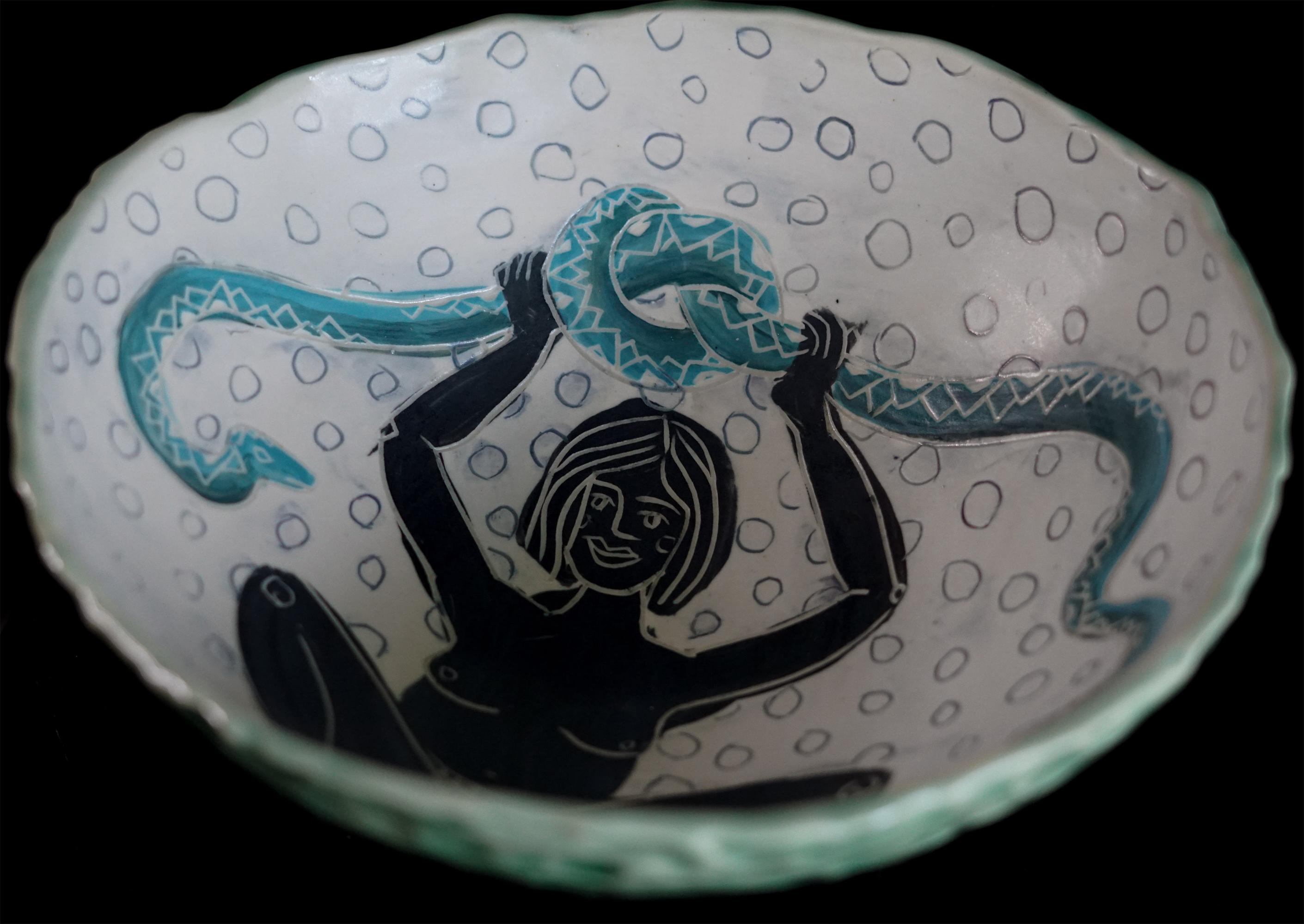 Eve in Prapadasana, Hand built Porcelain Bowl - Sculpture by Alex Hodge