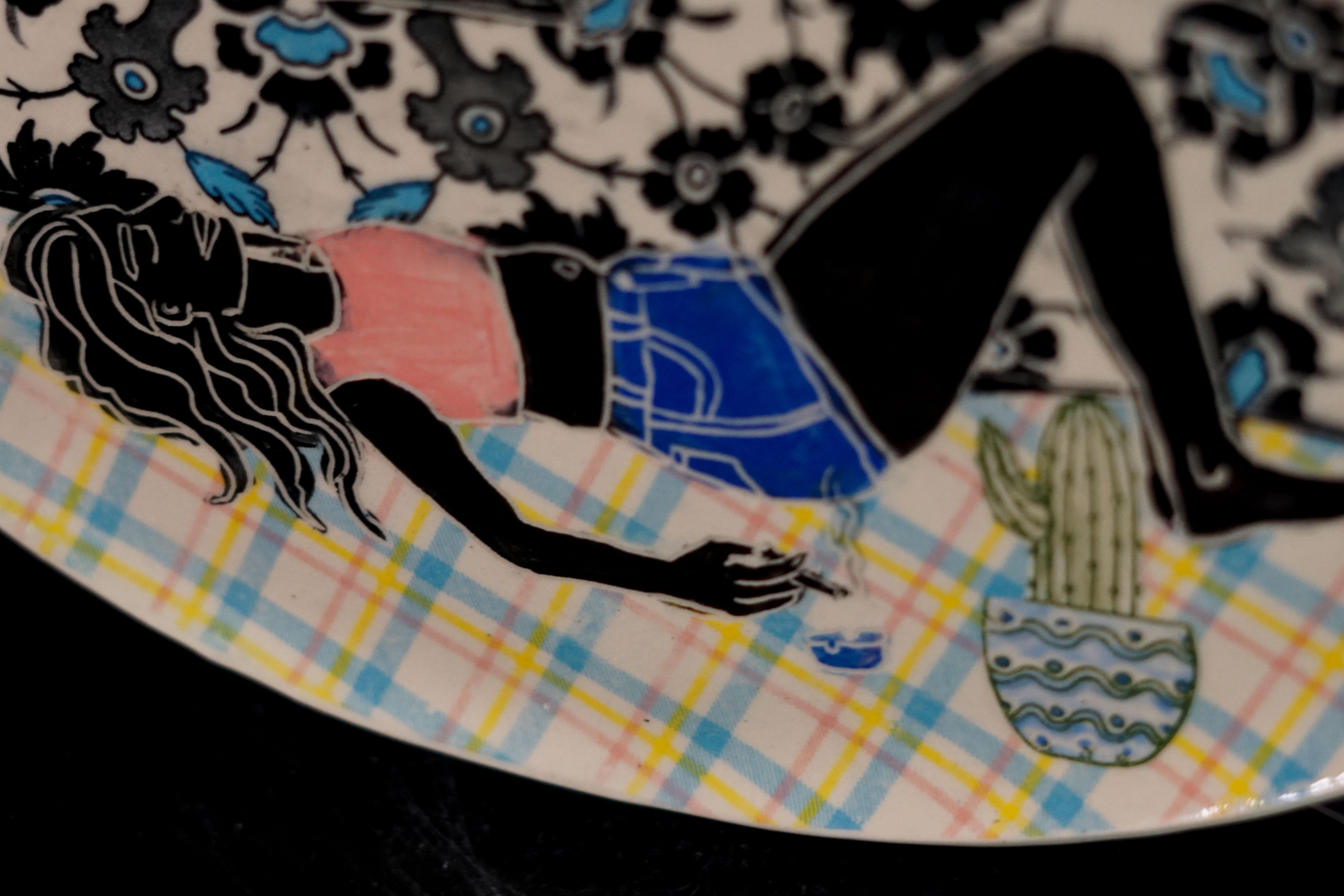 Eve in Repose, Hand built sculpture plate with sgraffito and collaged transfer - Black Still-Life Sculpture by Alex Hodge