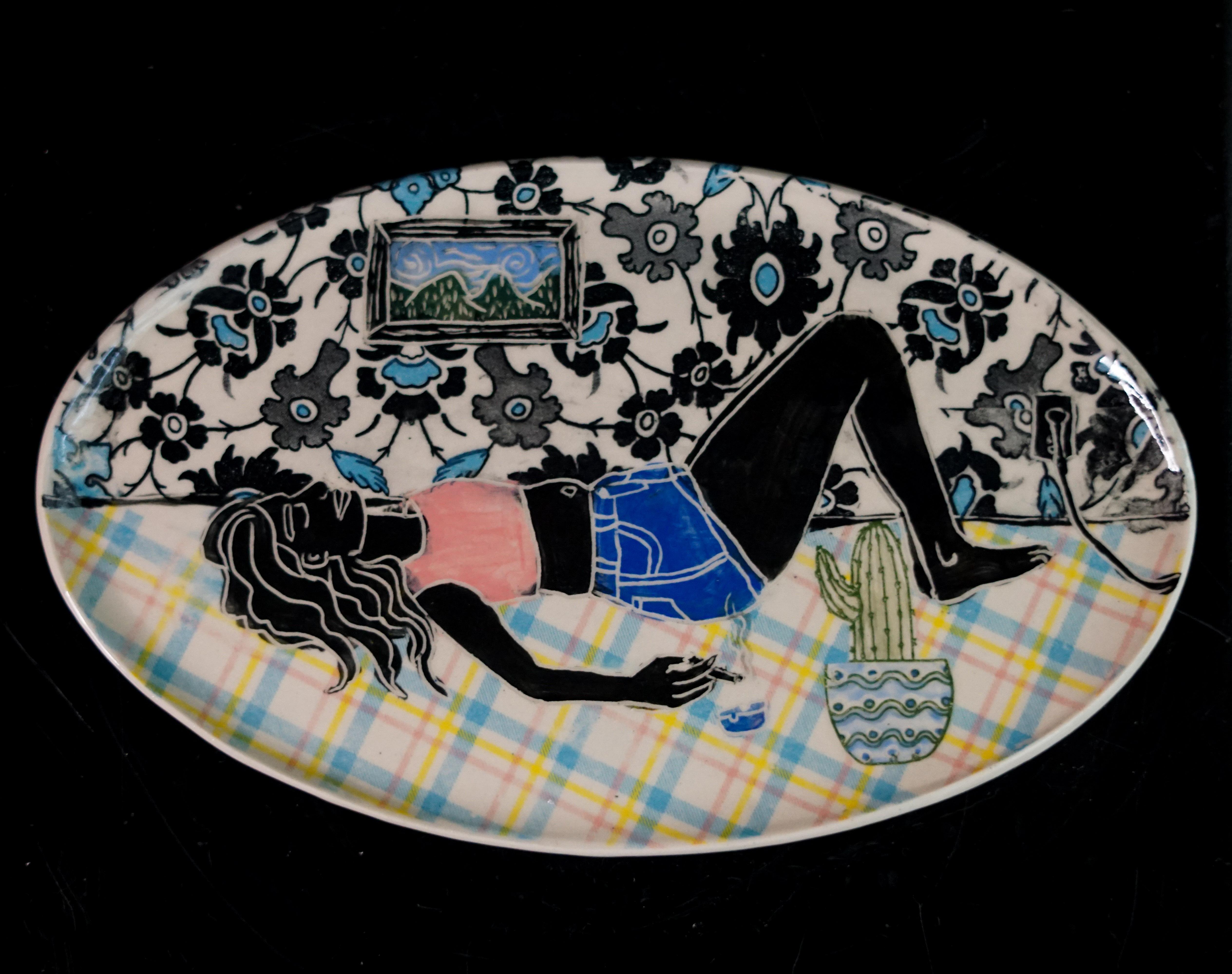 Eve in Repose, Hand built sculpture plate with sgraffito and collaged transfer
