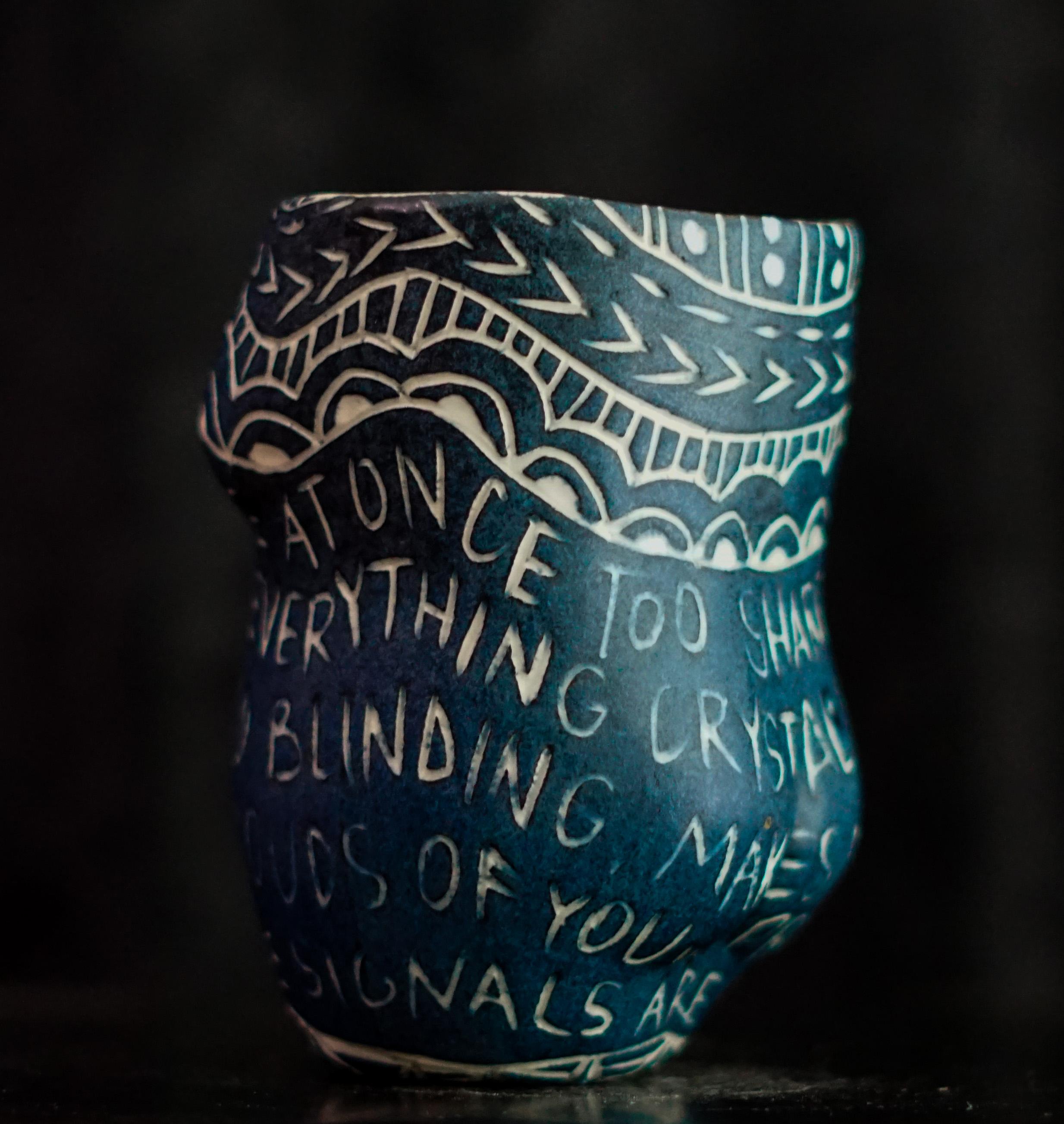 “Eyes That Are...” Porcelain cup with sgraffito detailing - Sculpture by Alex Hodge