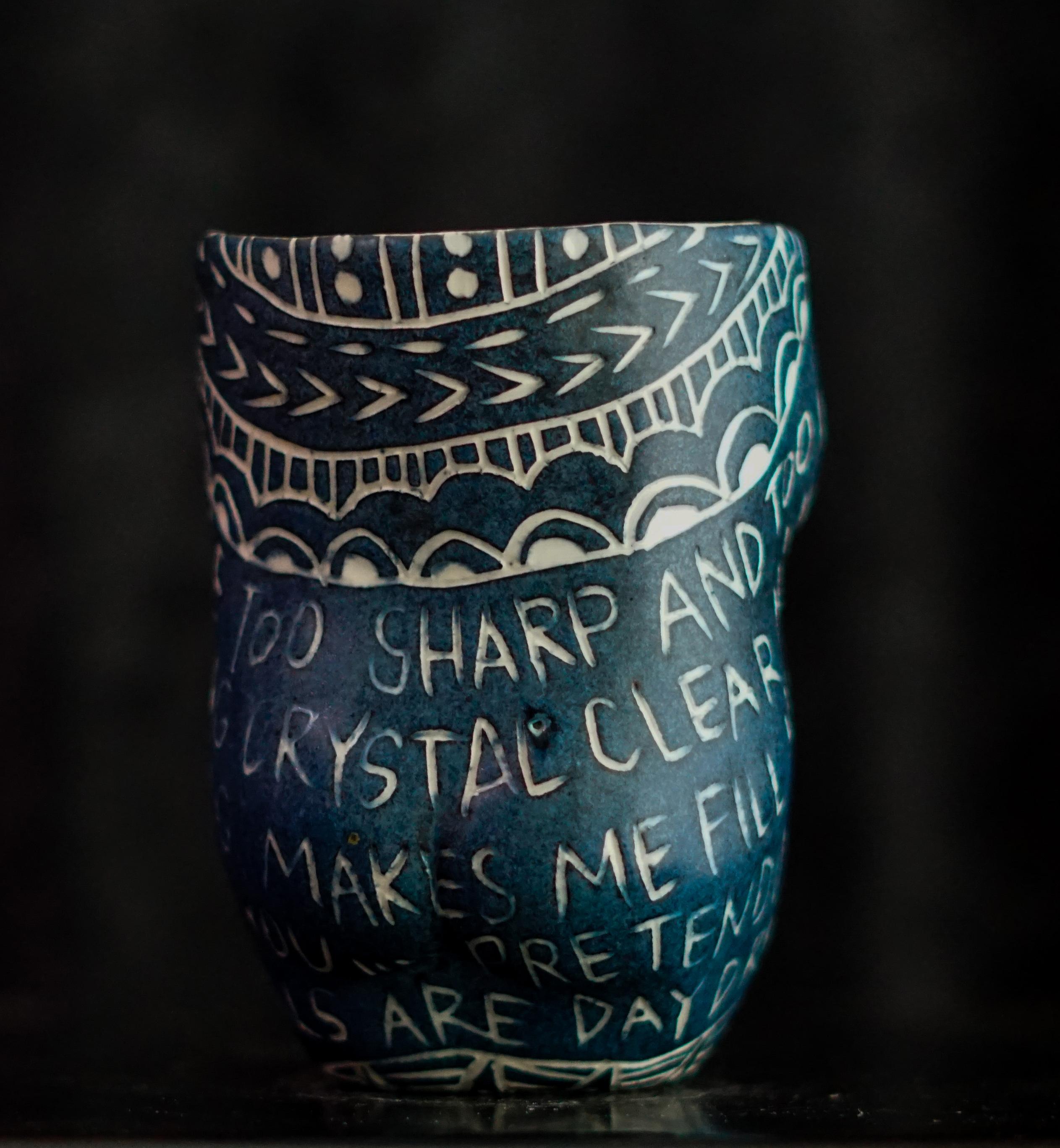 “Eyes That Are...” Porcelain cup with sgraffito detailing - Modern Sculpture by Alex Hodge