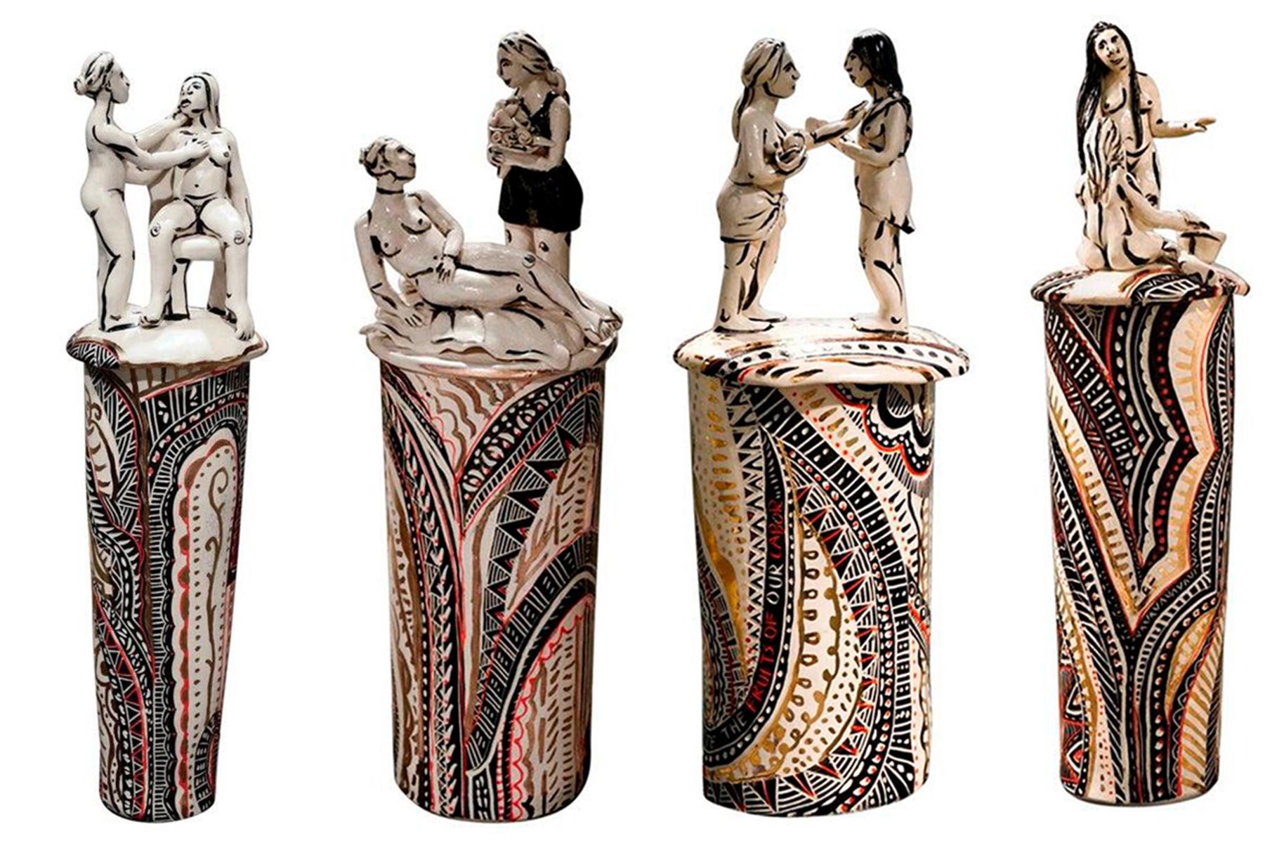 Four Sculptures from the Historic Jar Series. Porcelain with hand-painted detail