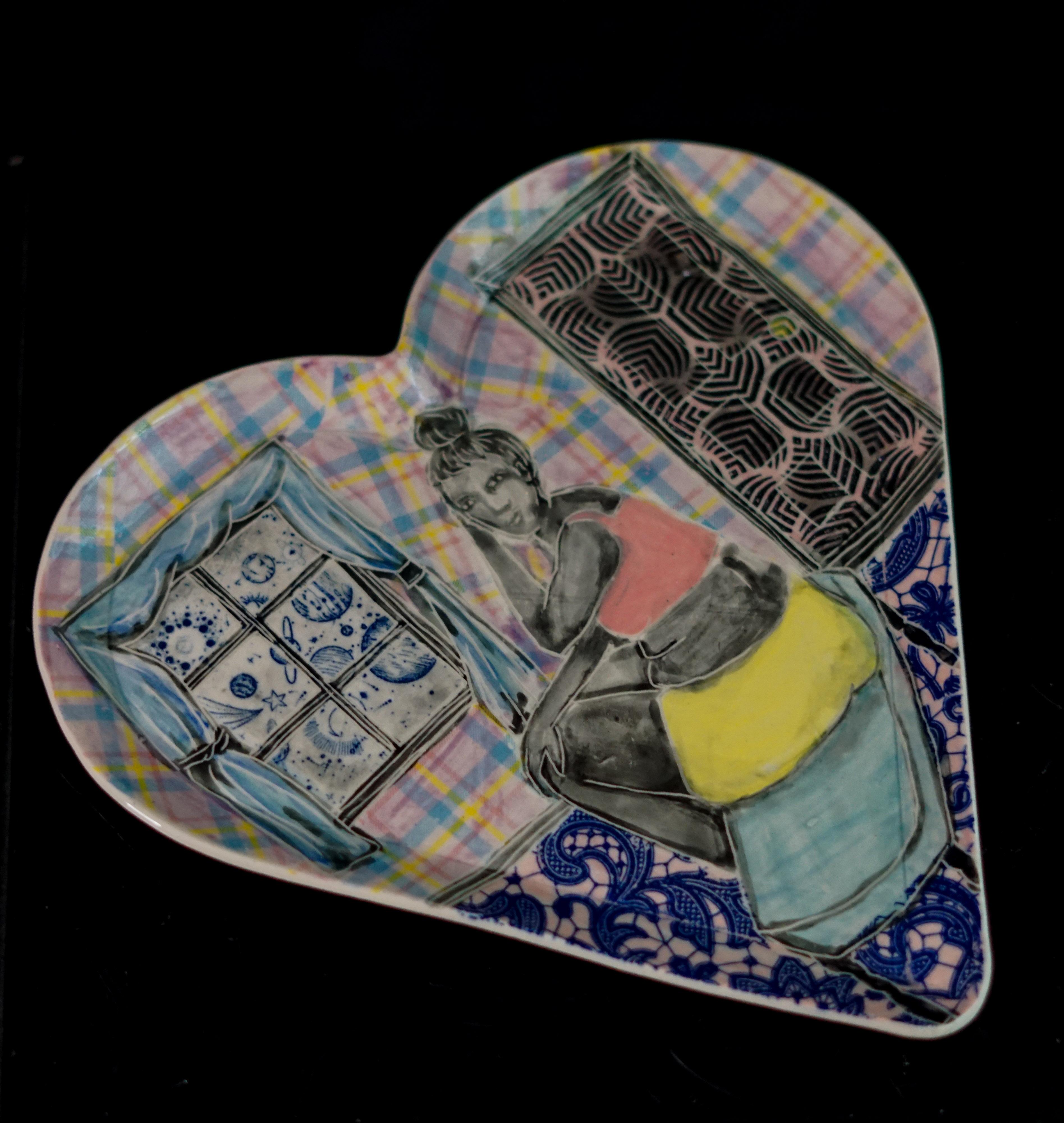 Getting at the Heart of the Matter, Hand built sculpture plate with sgraffito - Sculpture by Alex Hodge