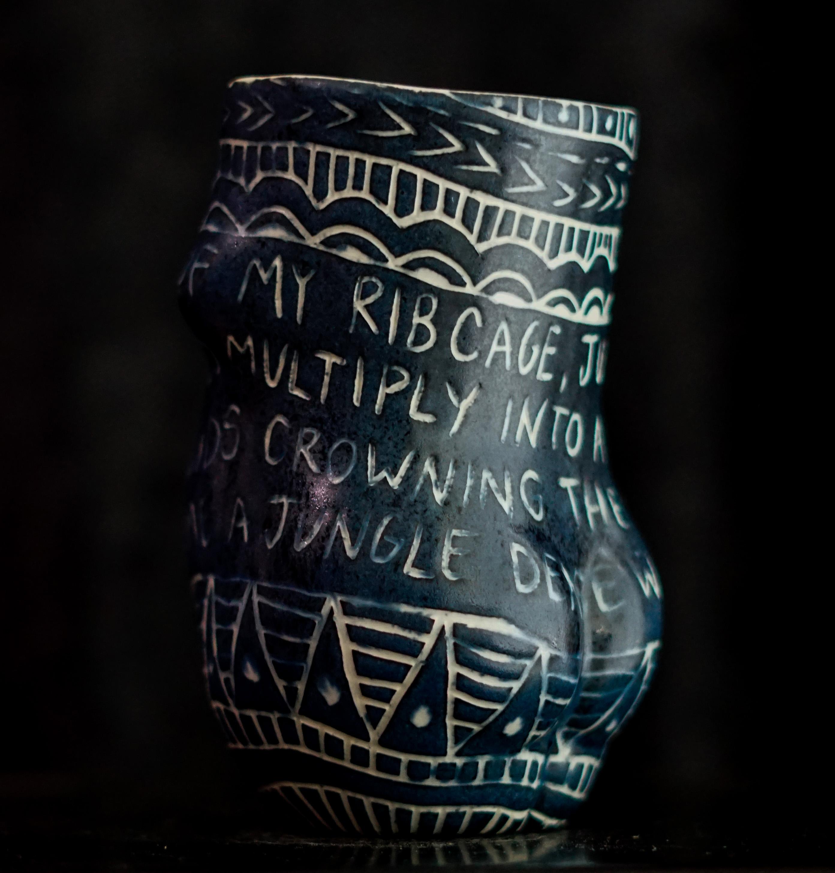 “Growing Out of My Ribcage...” Porcelain cup with sgraffito detailing - Sculpture by Alex Hodge