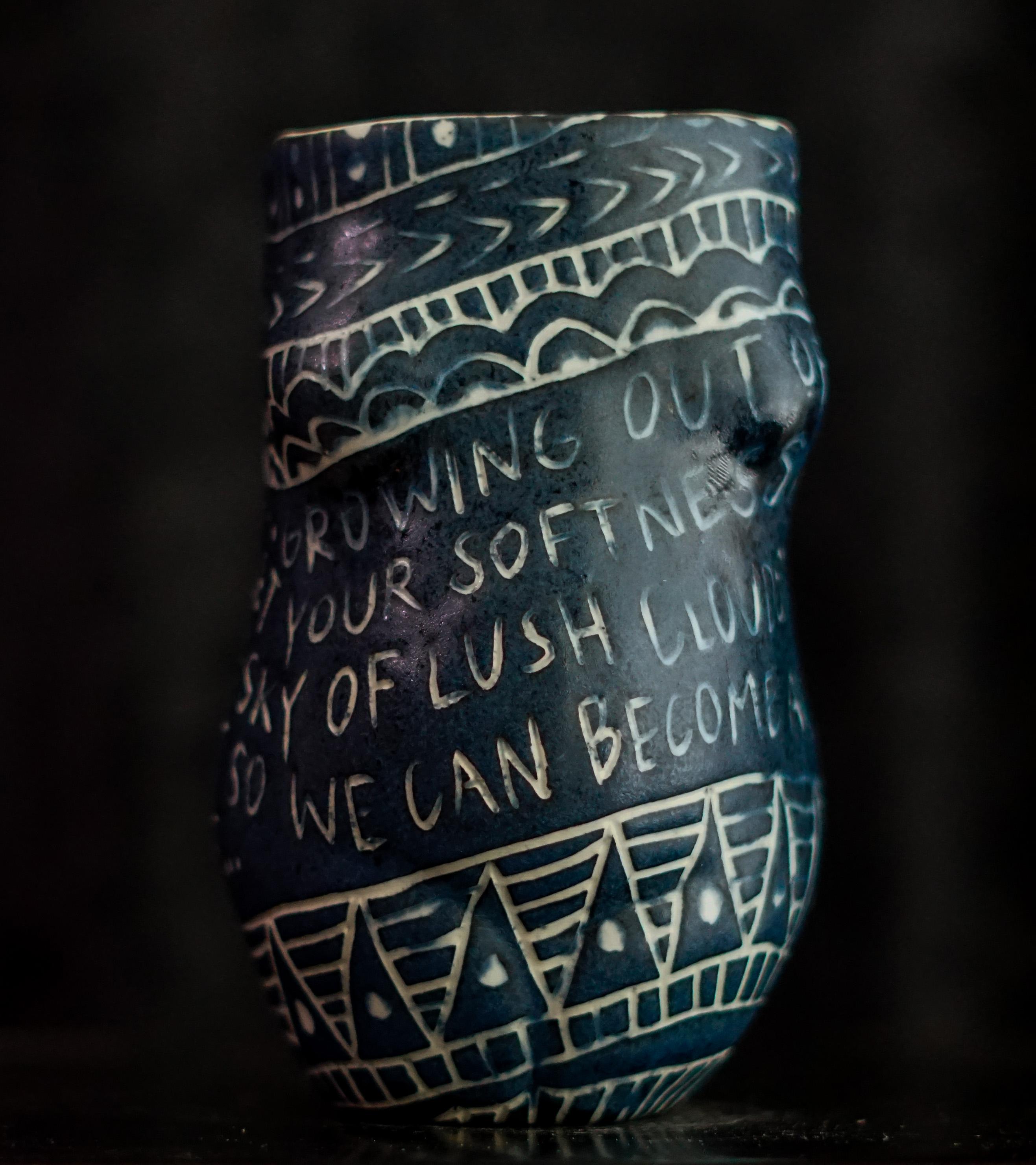 “Growing Out of My Ribcage...” Porcelain cup with sgraffito detailing