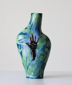 Helping Hand Ceramic Vase Sculpture, Modern Sgraffito