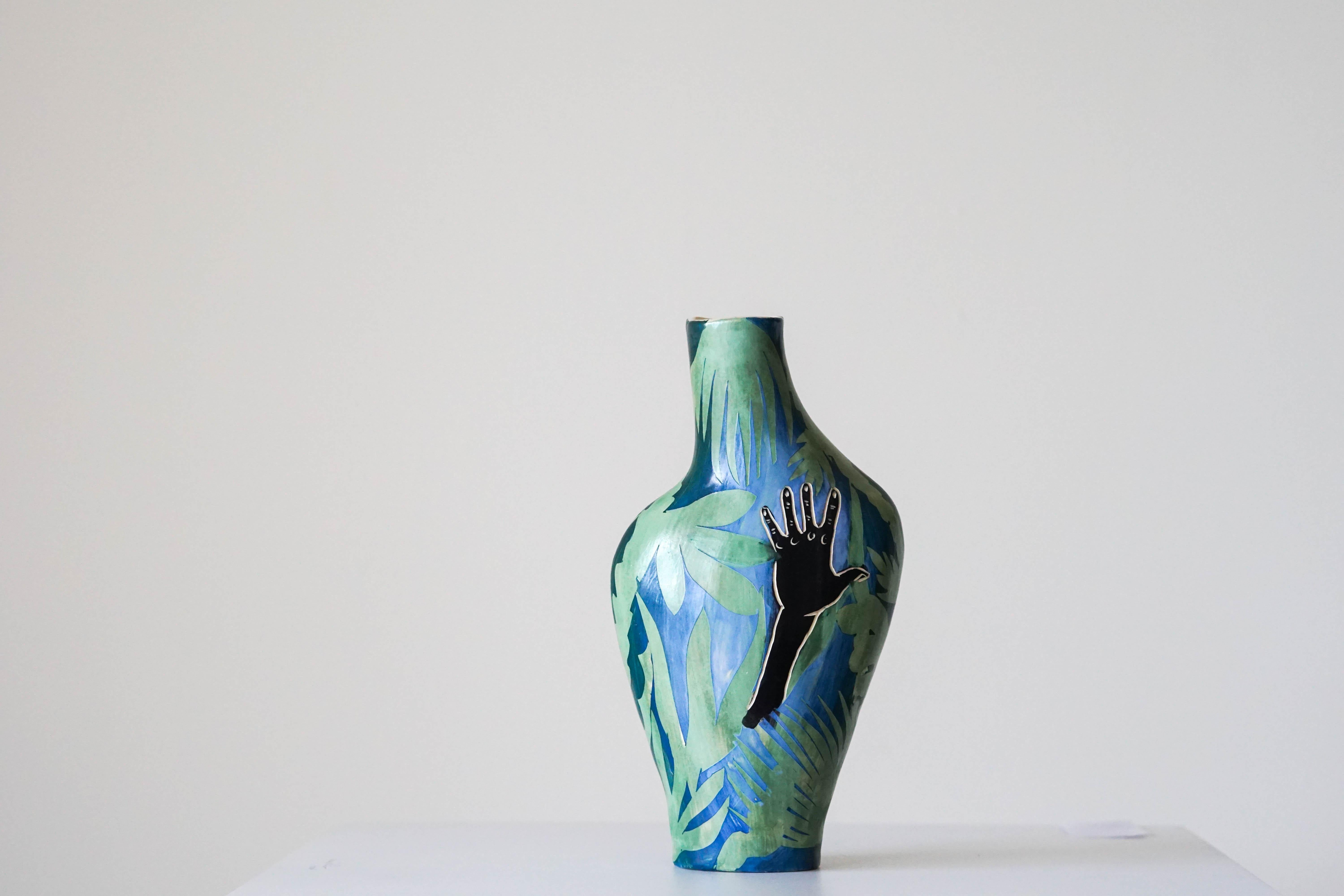 Helping Hand, Ceramic Vase sculpture - Blue Abstract Sculpture by Alex Hodge