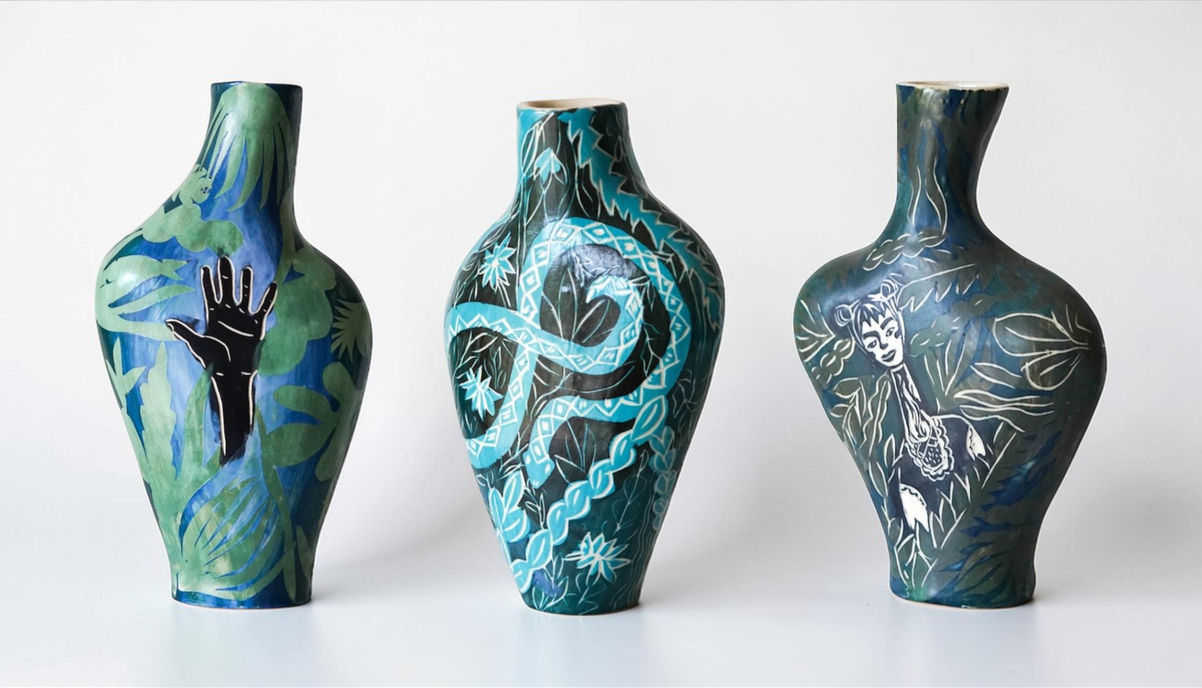 Helping Hand, Charming Snakes and Earth Needs Us Both. Ceramic Vase sculptures