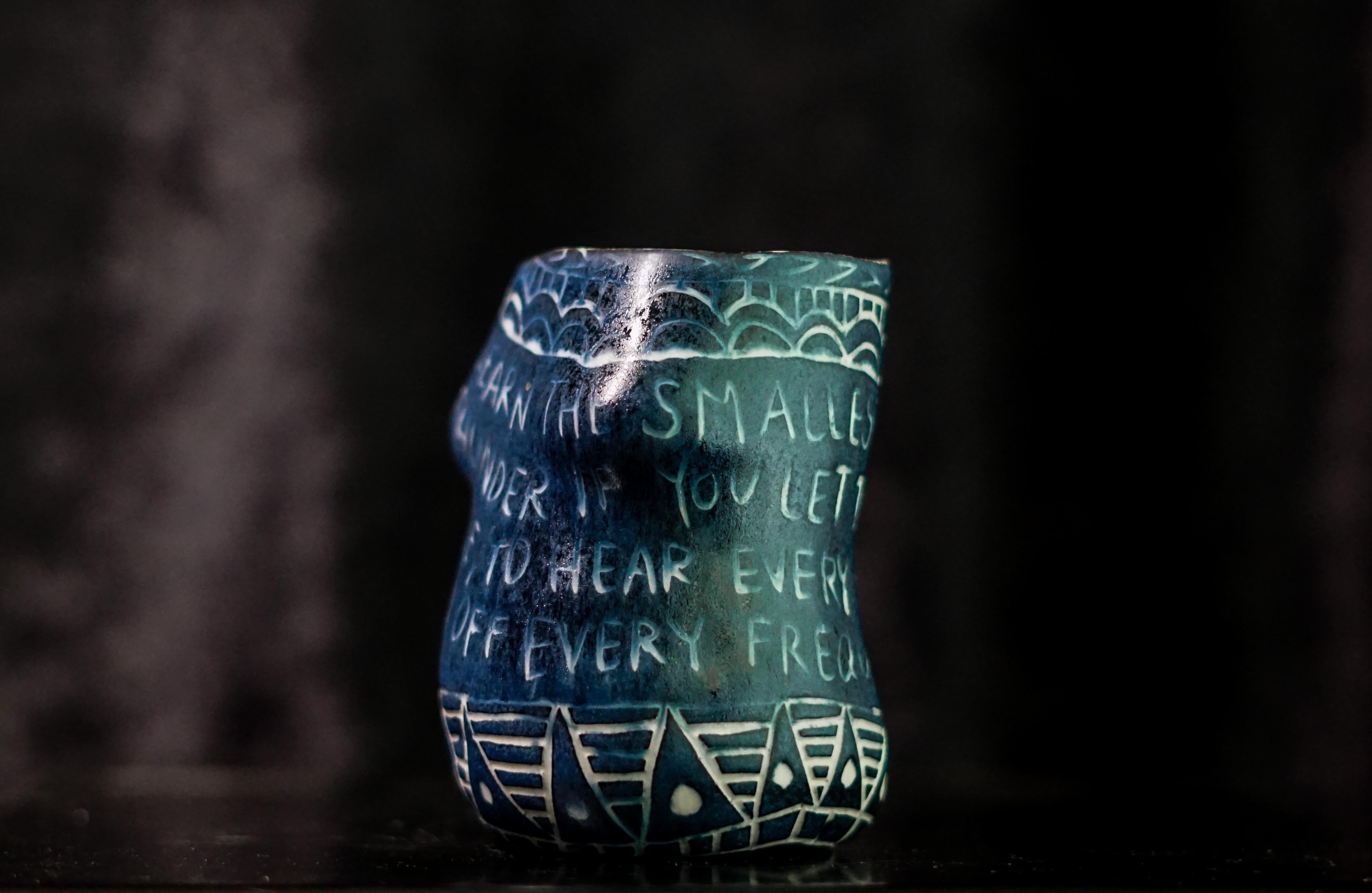 “Here I Learn..” Porcelain cup with sgraffito detailing by the artist - Modern Sculpture by Alex Hodge