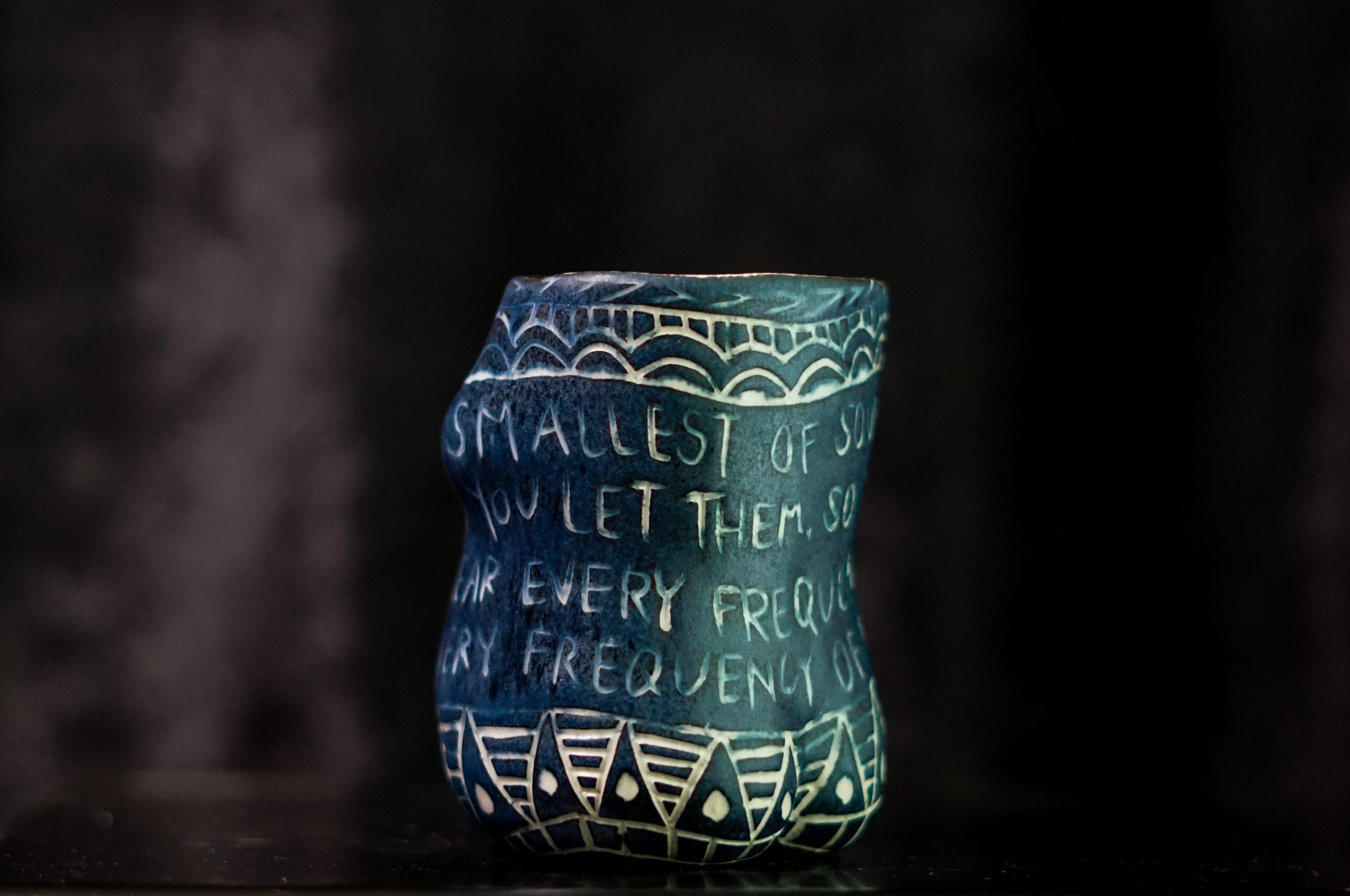 “Here I Learn..” Porcelain cup with sgraffito detailing by the artist For Sale 1