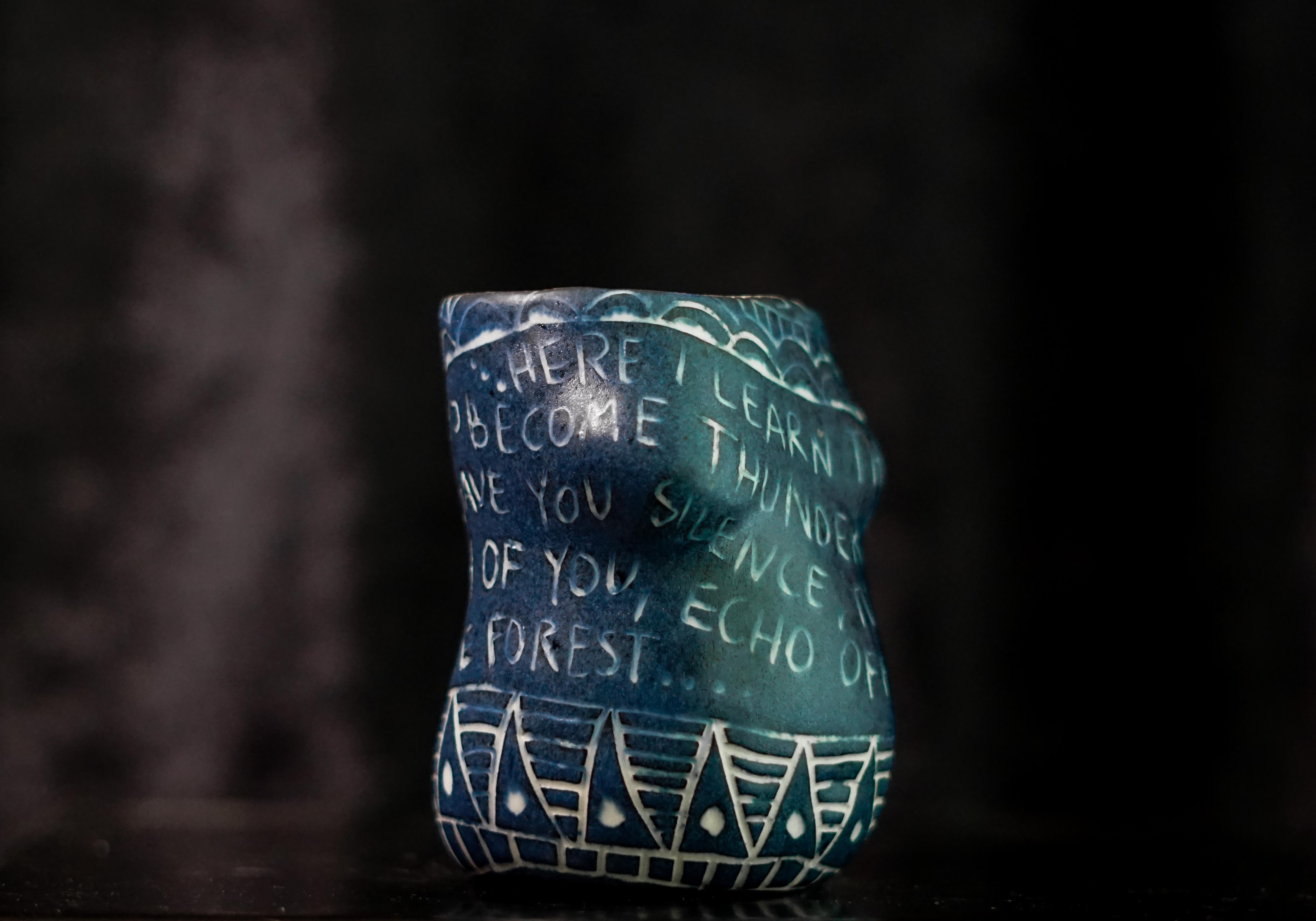 “Here I Learn..” Porcelain cup with sgraffito detailing by the artist For Sale 2