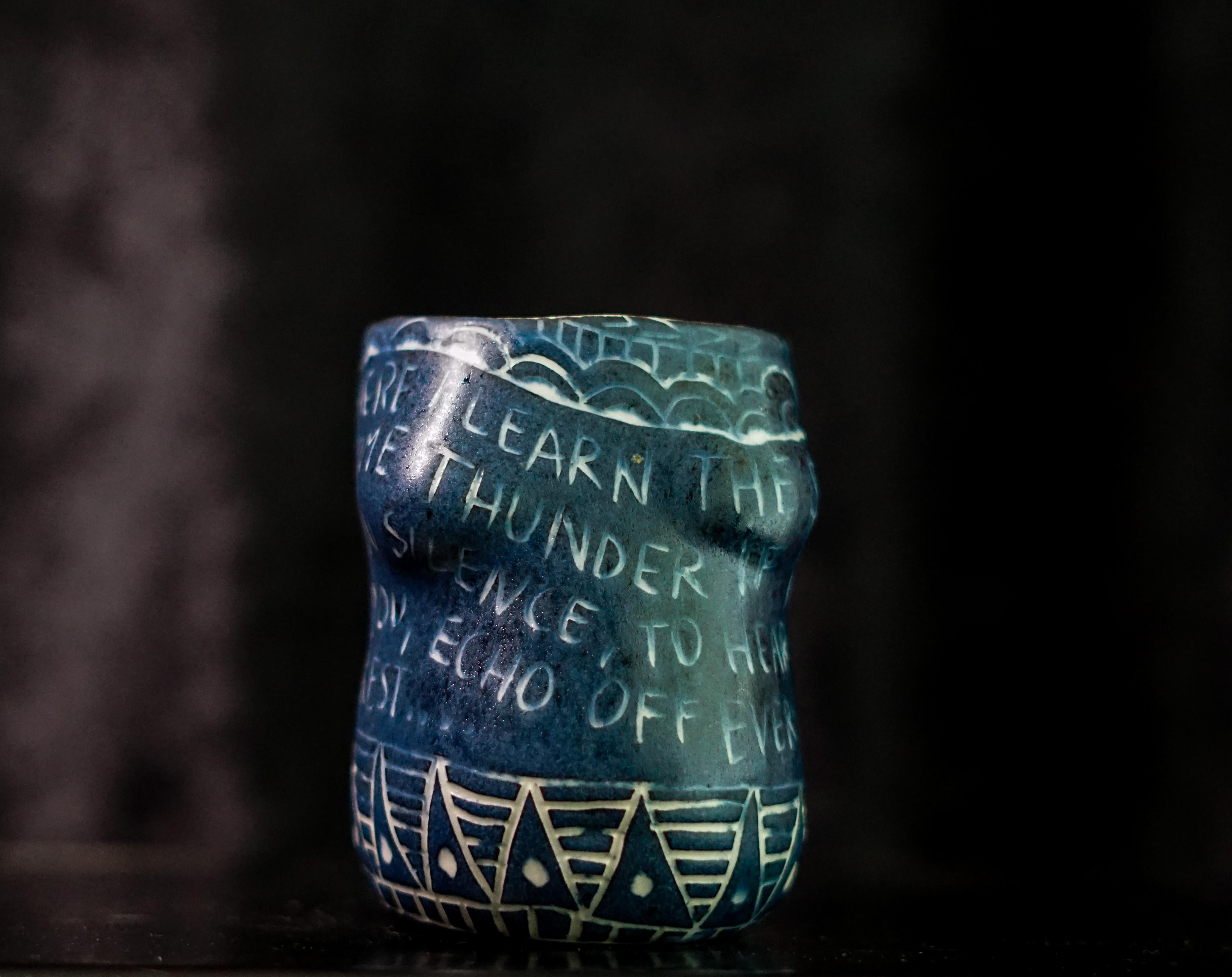 “Here I Learn..” Porcelain cup with sgraffito detailing by the artist - Sculpture by Alex Hodge
