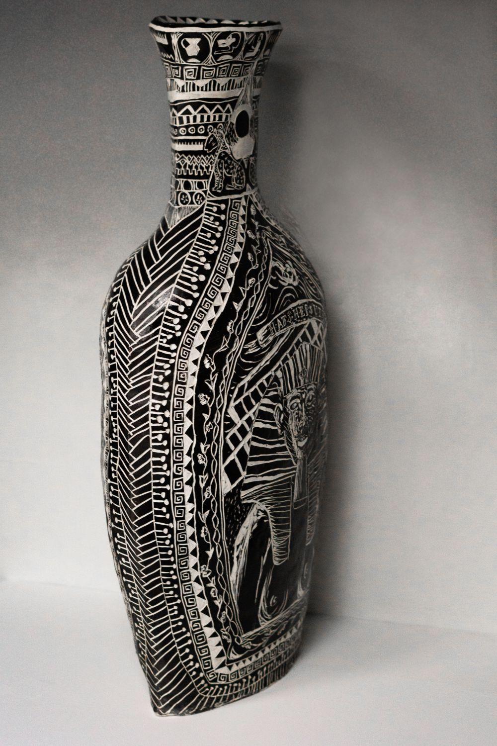 History Lesson Power Is Always Taken. Hand Carved Large Porcelain Vase - Black Figurative Sculpture by Alex Hodge