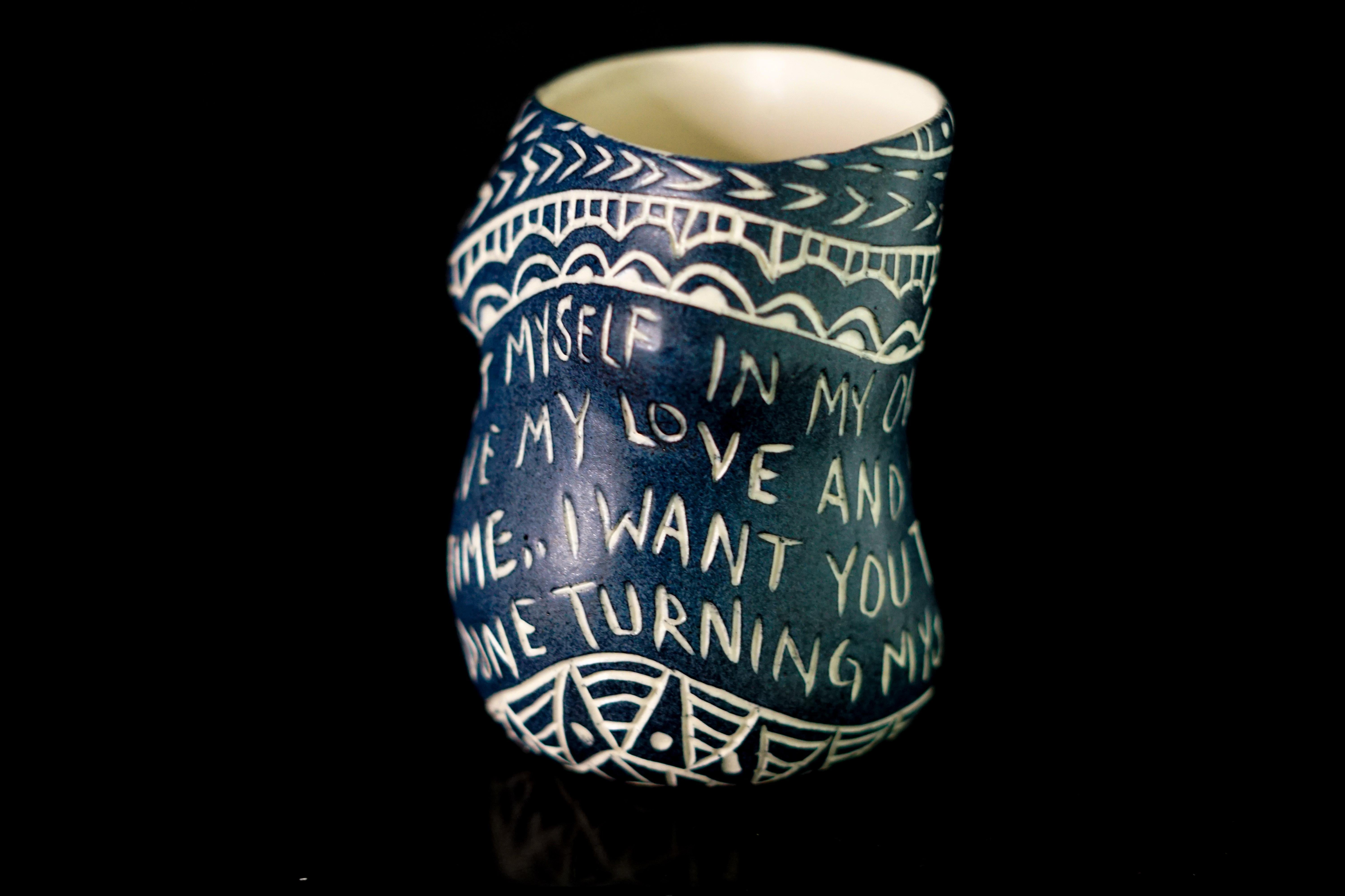 I lost myself..., Porcelain Cup with Sgraffito Detailing - Sculpture by Alex Hodge