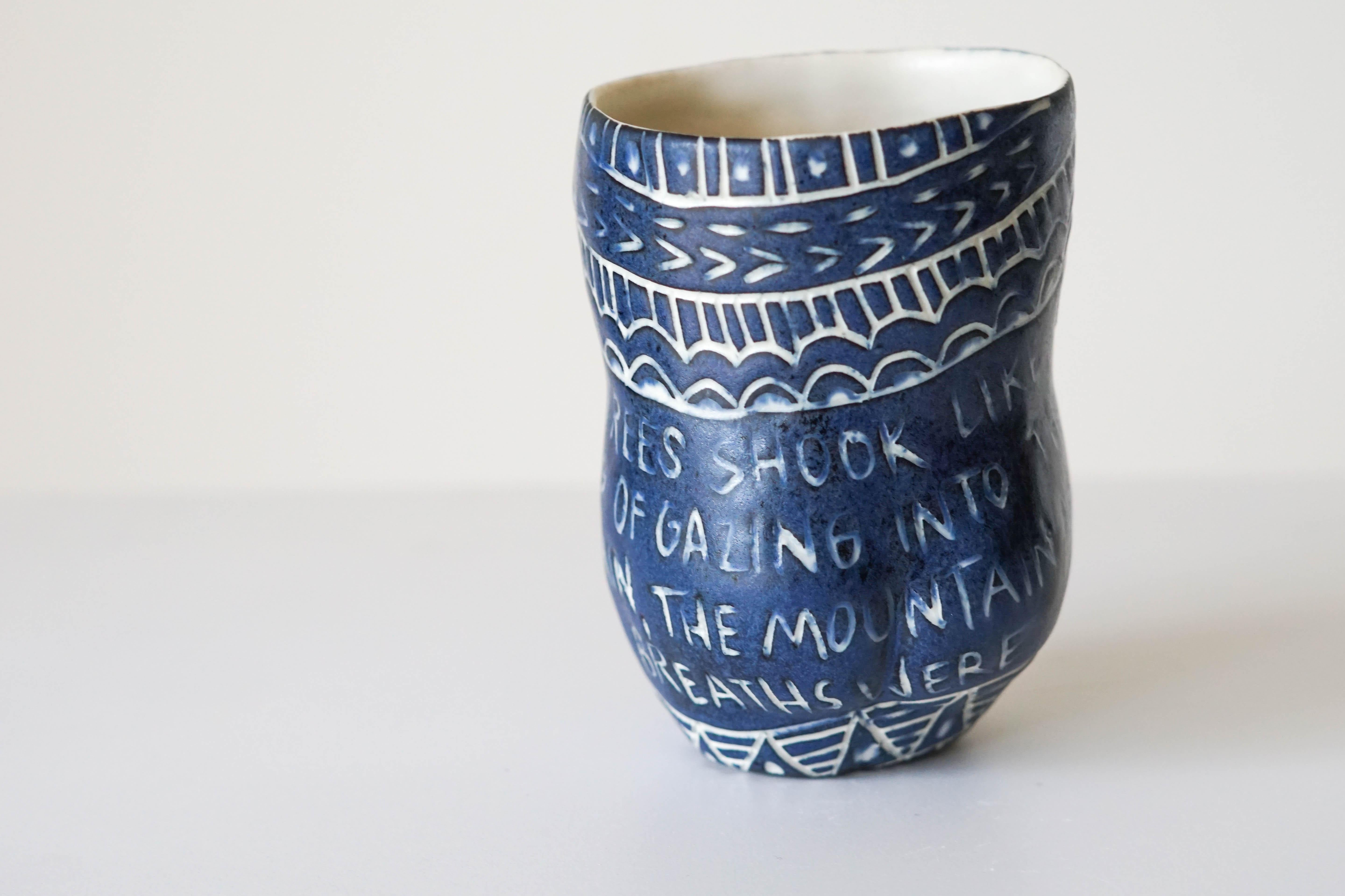 “I remember those tree...” Porcelain  Cup with Sgraffito Detailing by the artist - Modern Sculpture by Alex Hodge
