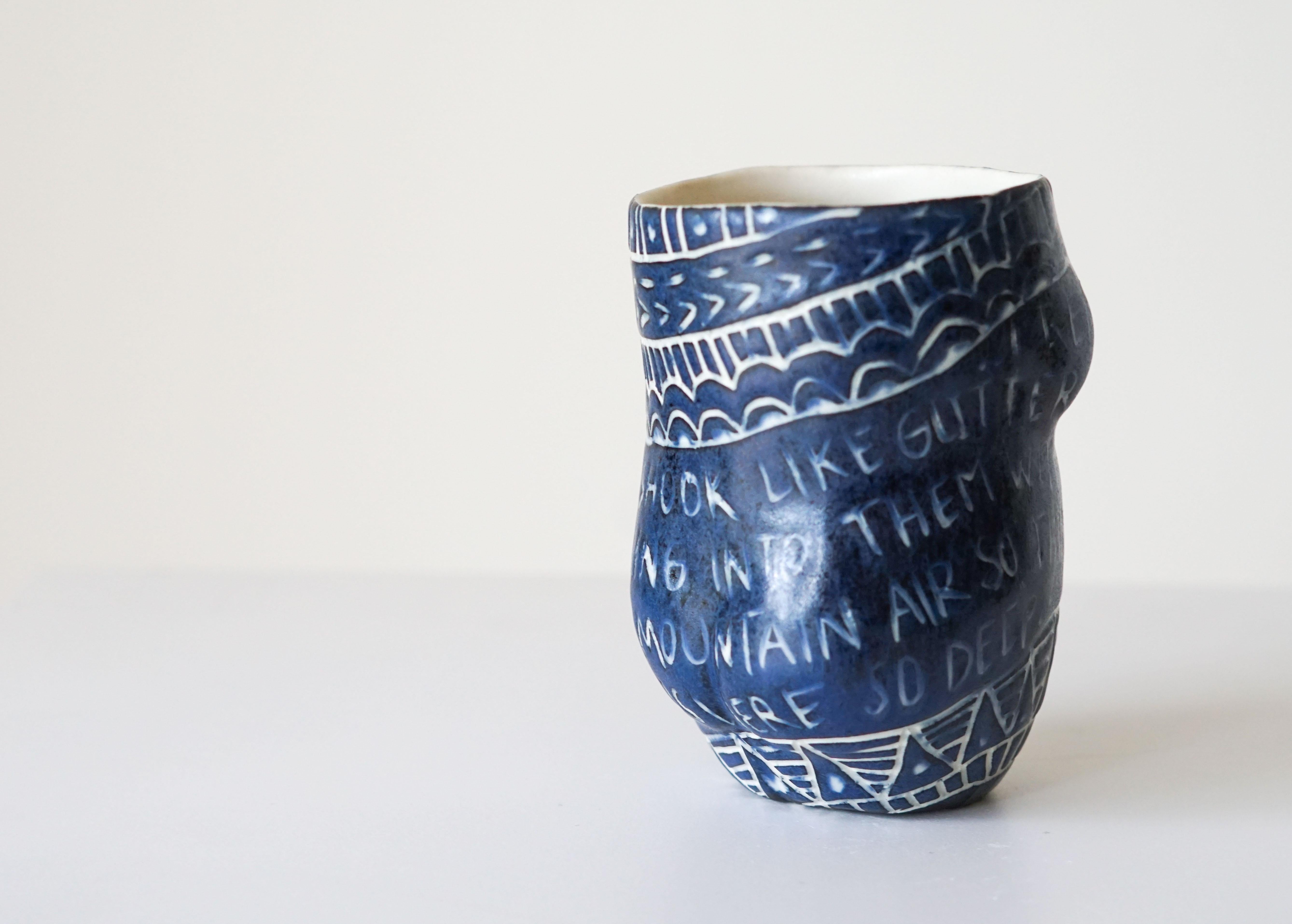 “I remember those tree...” Porcelain  Cup with Sgraffito Detailing by the artist - Purple Abstract Sculpture by Alex Hodge