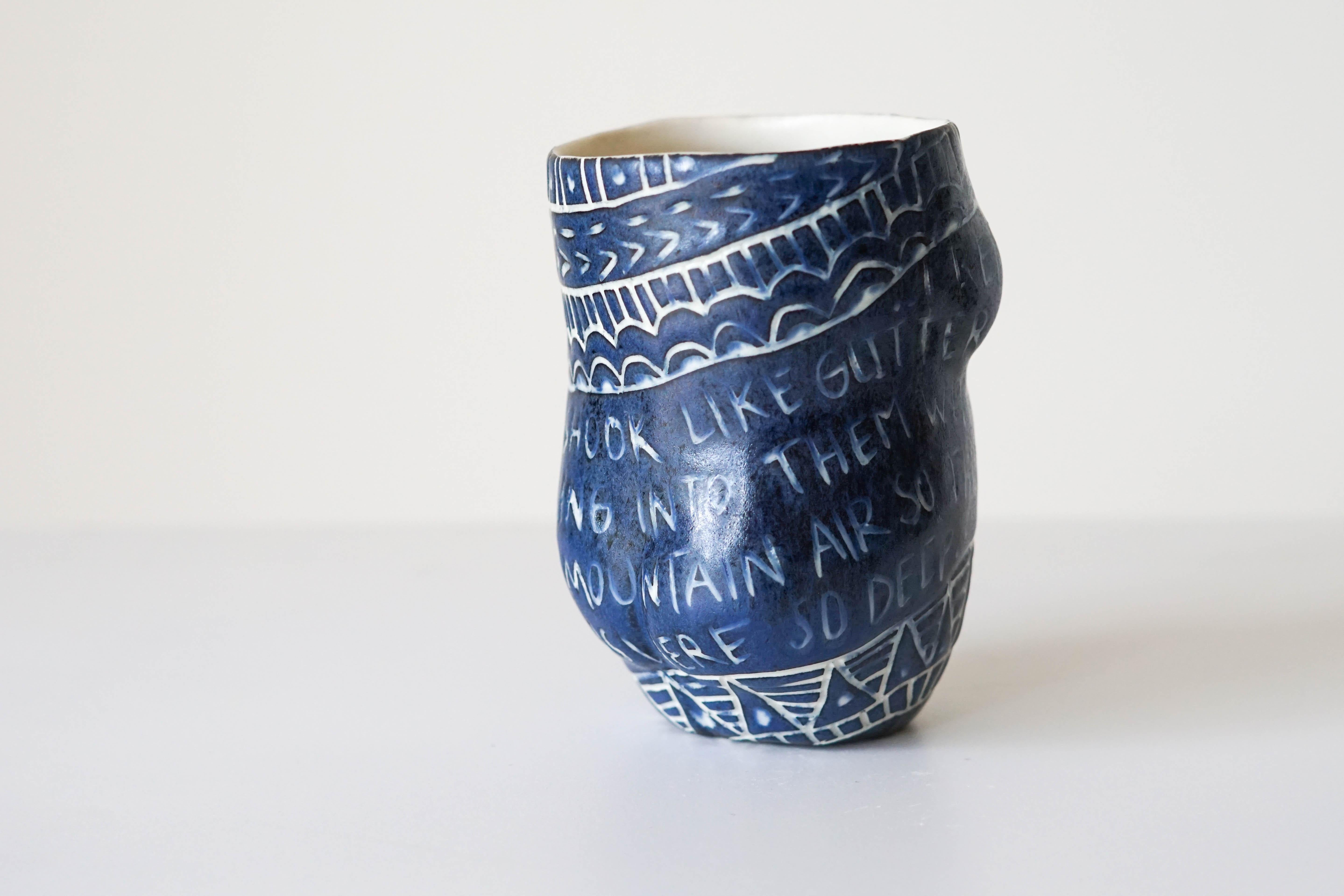 “I remember those trees...”
Porcelain cup with sgraffito detailing

This cup is one of 48 that make up the installation, “Fragments of Our Love Story.” These cups feature feminine forms that recall the Venus of Willendorf and other historical