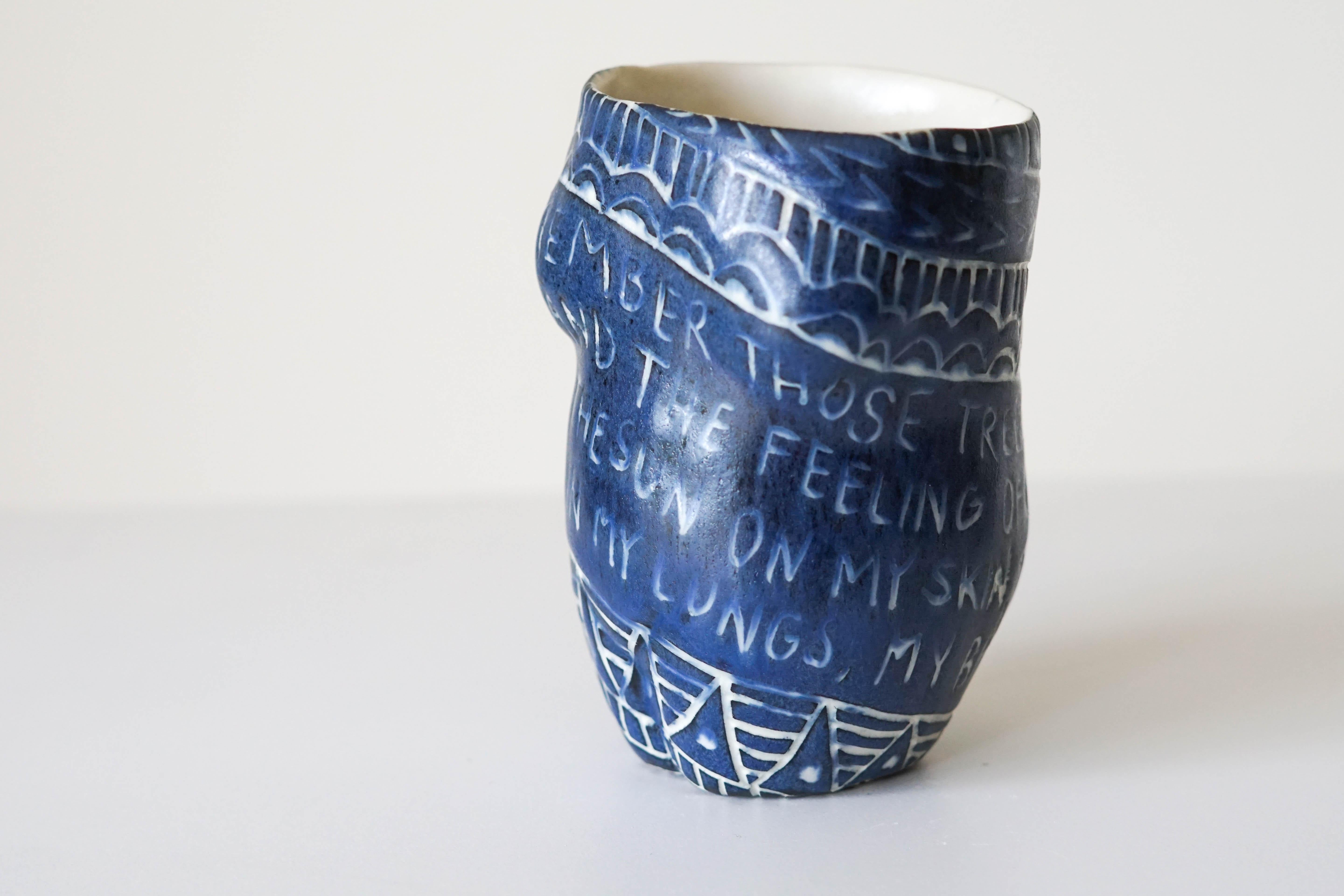 “I remember those tree...” Porcelain  Cup with Sgraffito Detailing by the artist - Sculpture by Alex Hodge