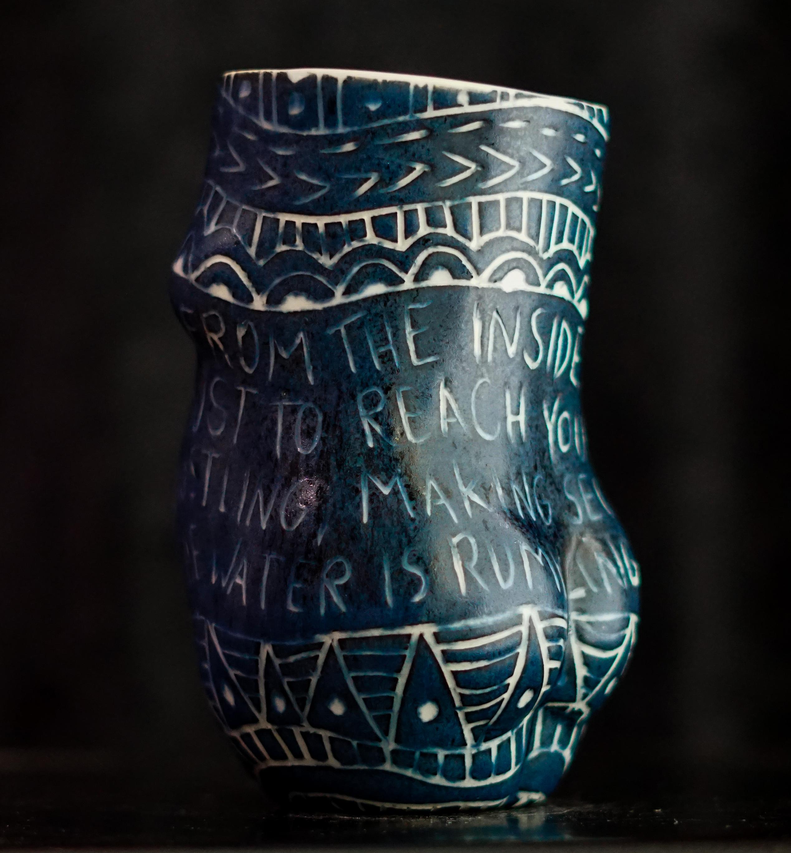 “...Is Beating Me From the Inside...” Porcelain cup with sgraffito detailing - Modern Sculpture by Alex Hodge