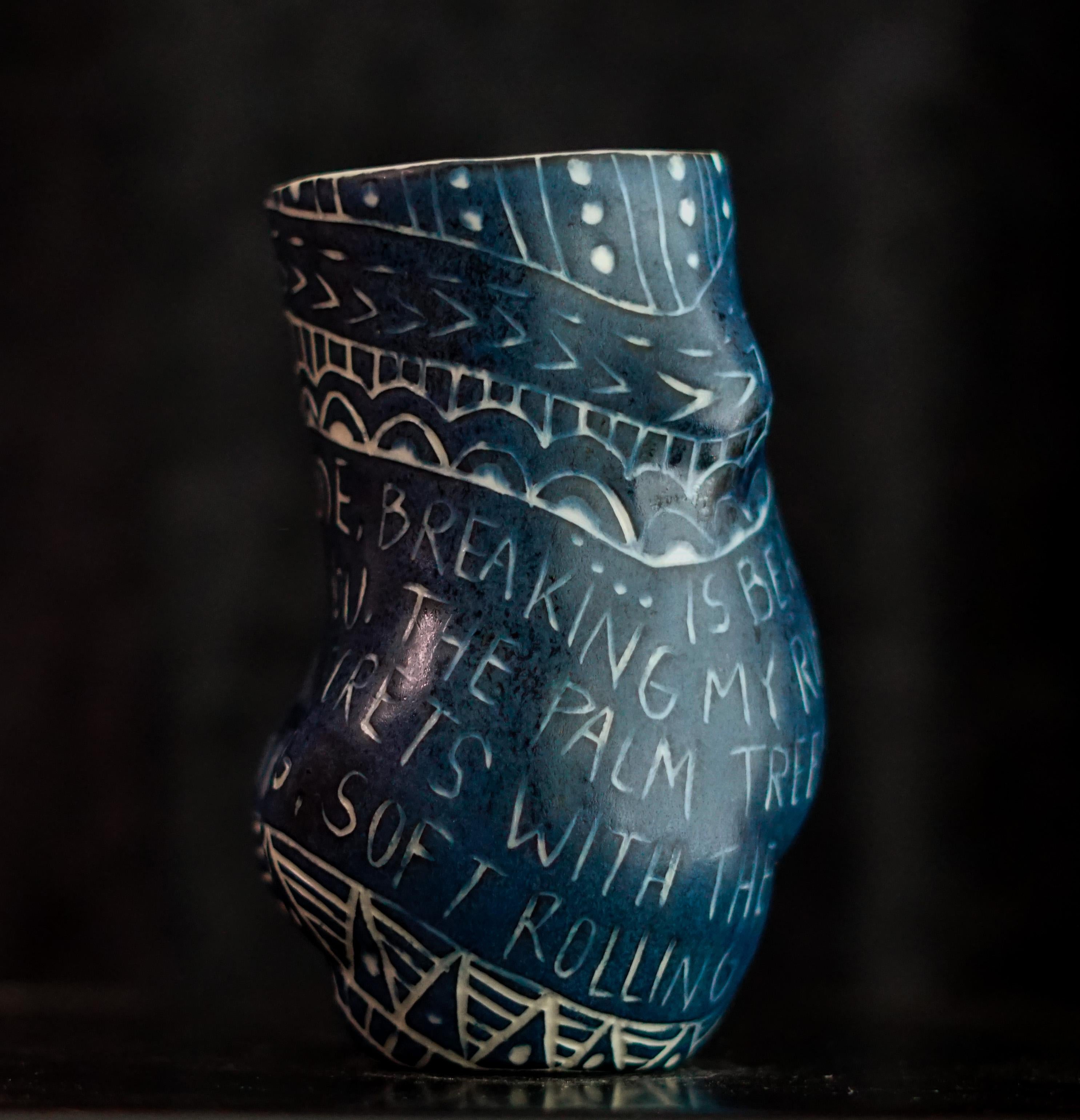 “...Is Beating Me From the Inside...” Porcelain cup with sgraffito detailing For Sale 1