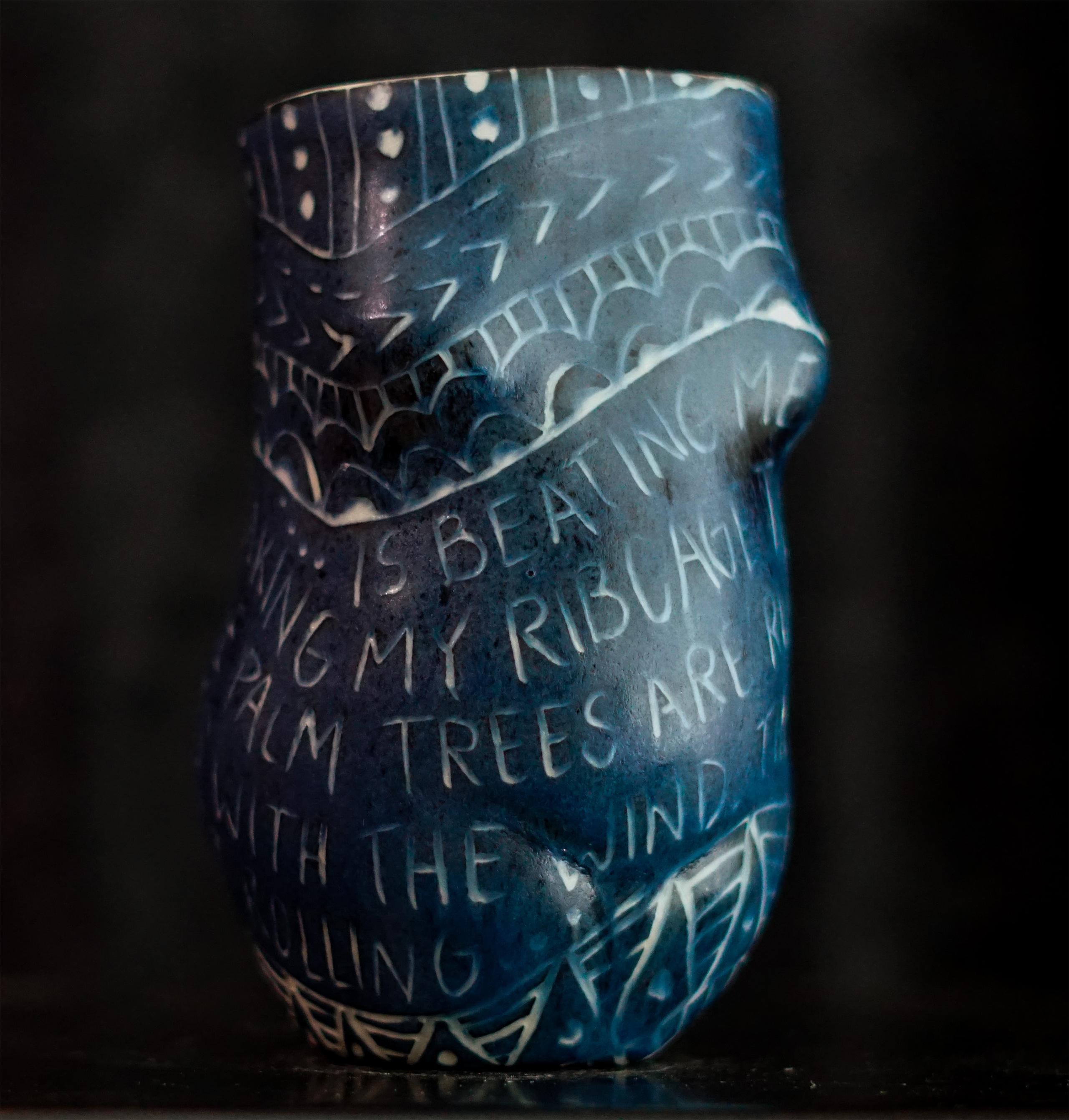 “...Is Beating Me From the Inside...” Porcelain cup with sgraffito detailing For Sale 2