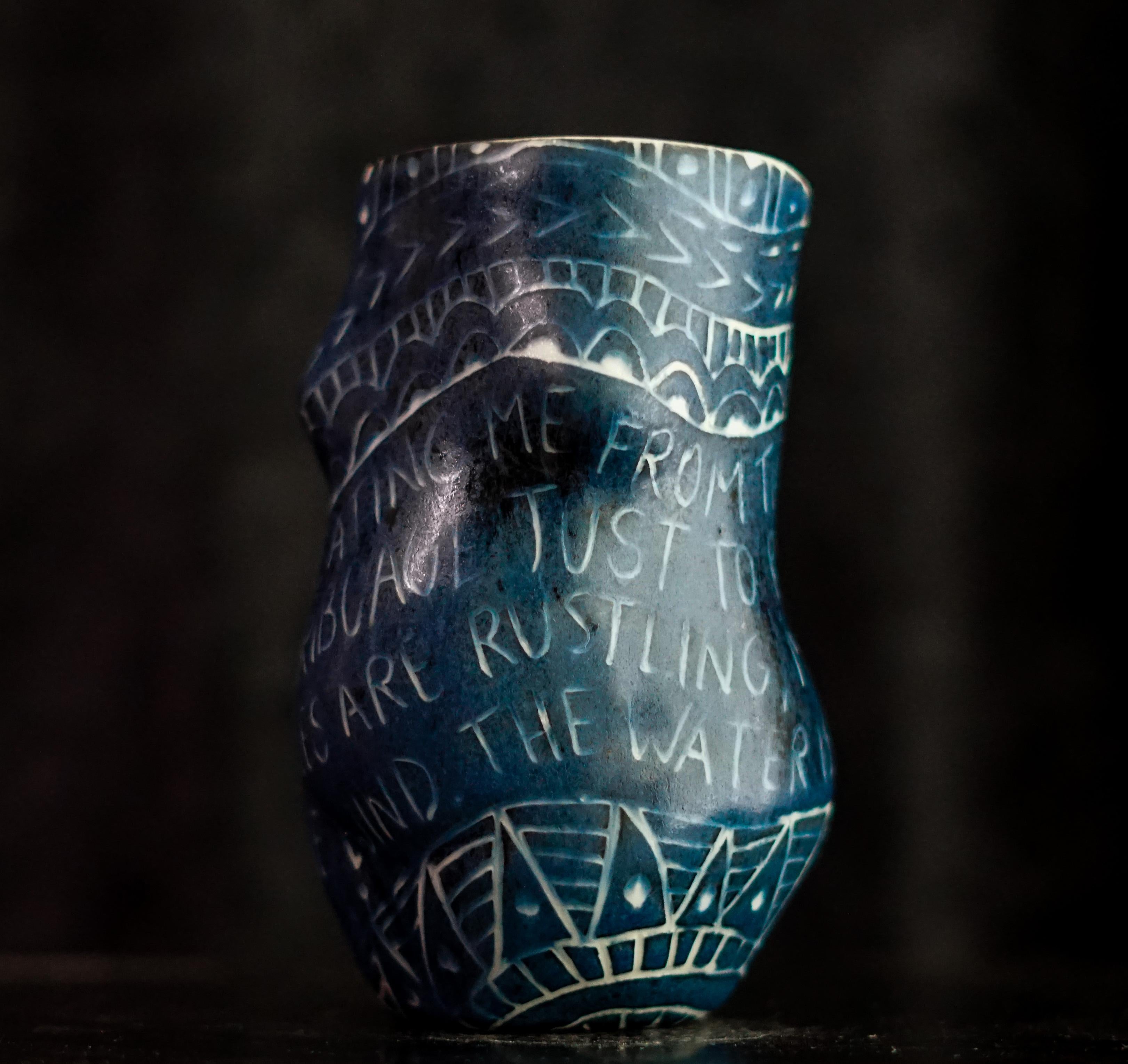 “...Is Beating Me From the Inside...” Porcelain cup with sgraffito detailing For Sale 5