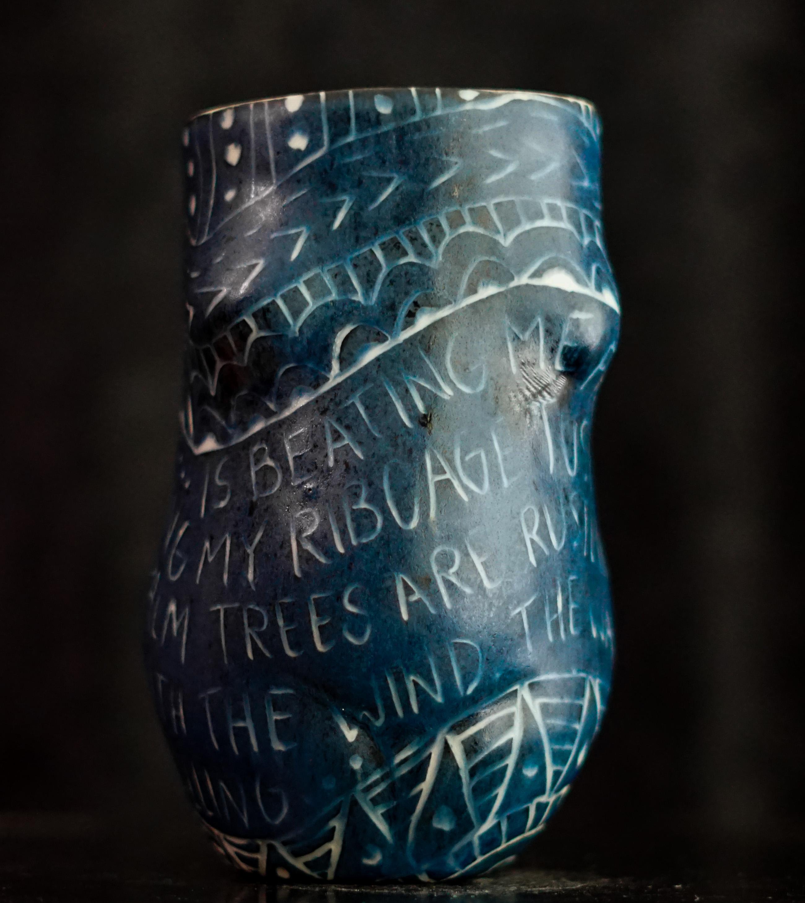 “...Is Beating Me From the Inside...” Porcelain cup with sgraffito detailing - Sculpture by Alex Hodge