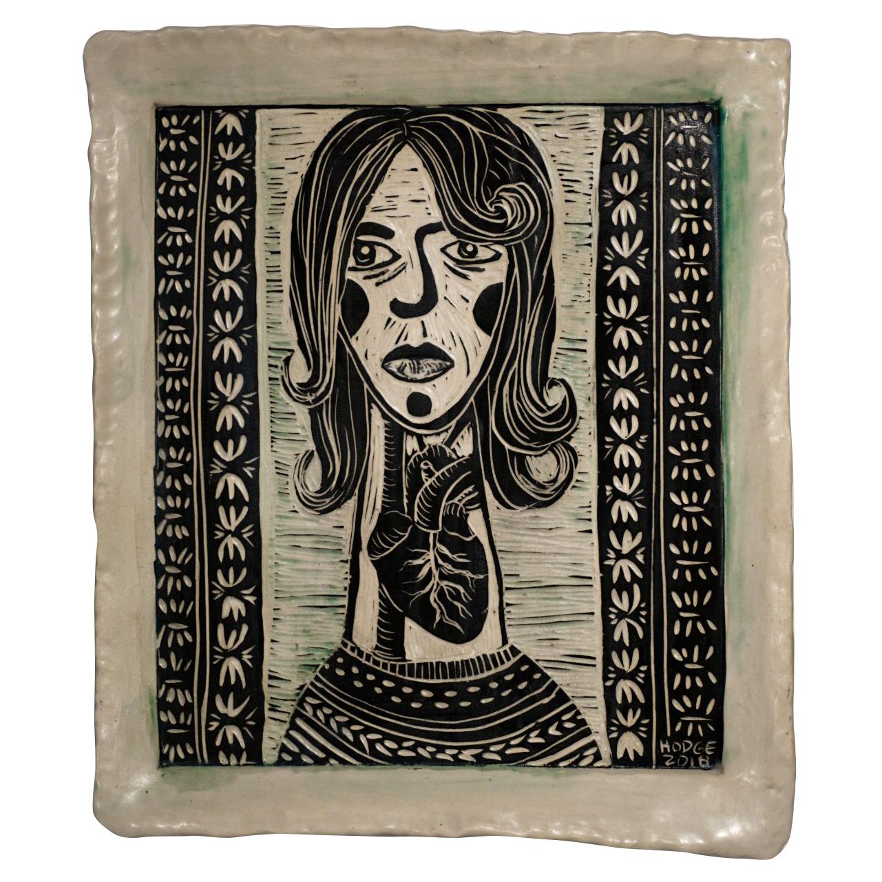 Alex Hodge Figurative Sculpture - Lead with the Hear tPortrait. Carved Porcelain Wall Sculpture