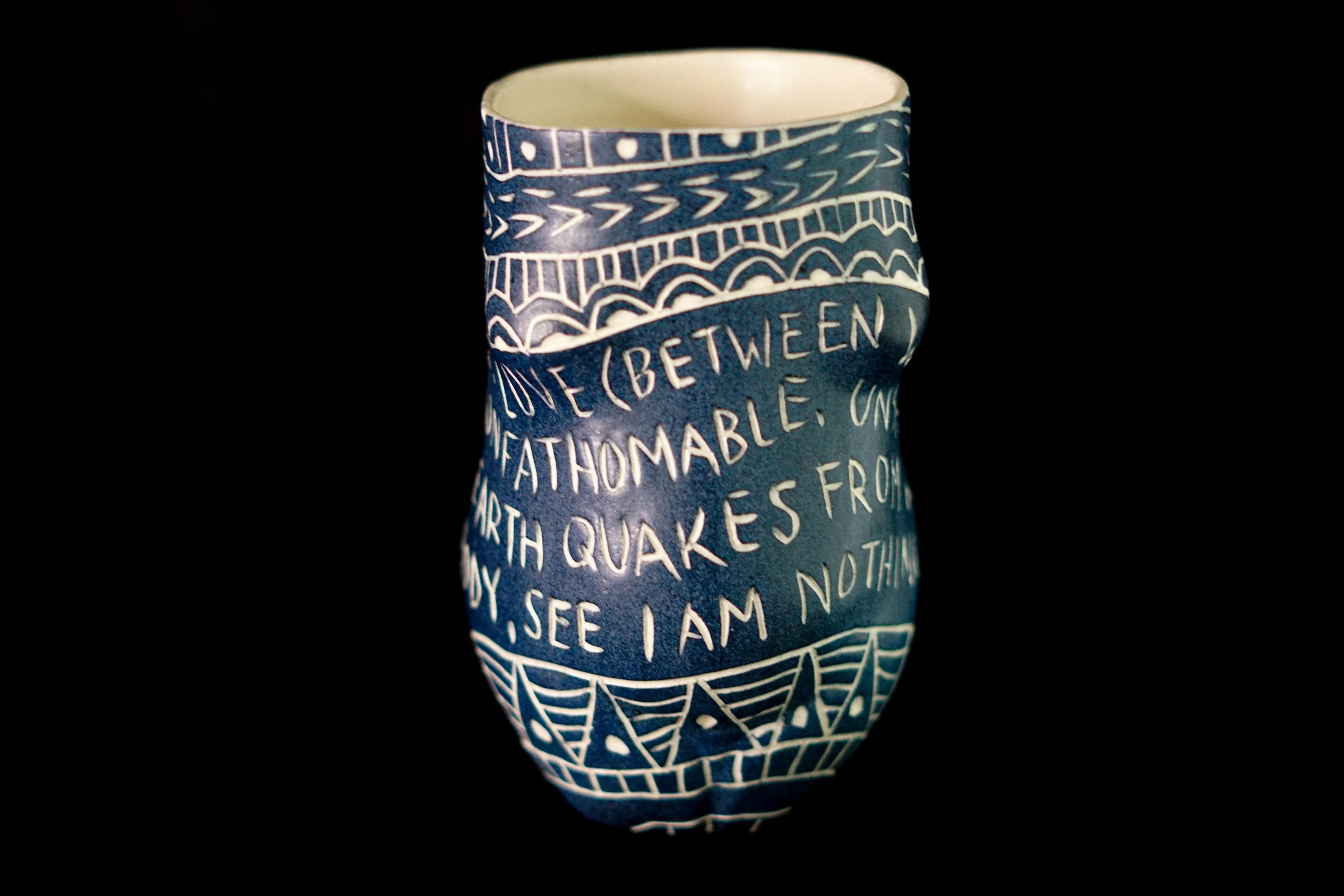 Love (Between Women)…, Porcelain Cup with Sgraffito Detailing - Sculpture by Alex Hodge