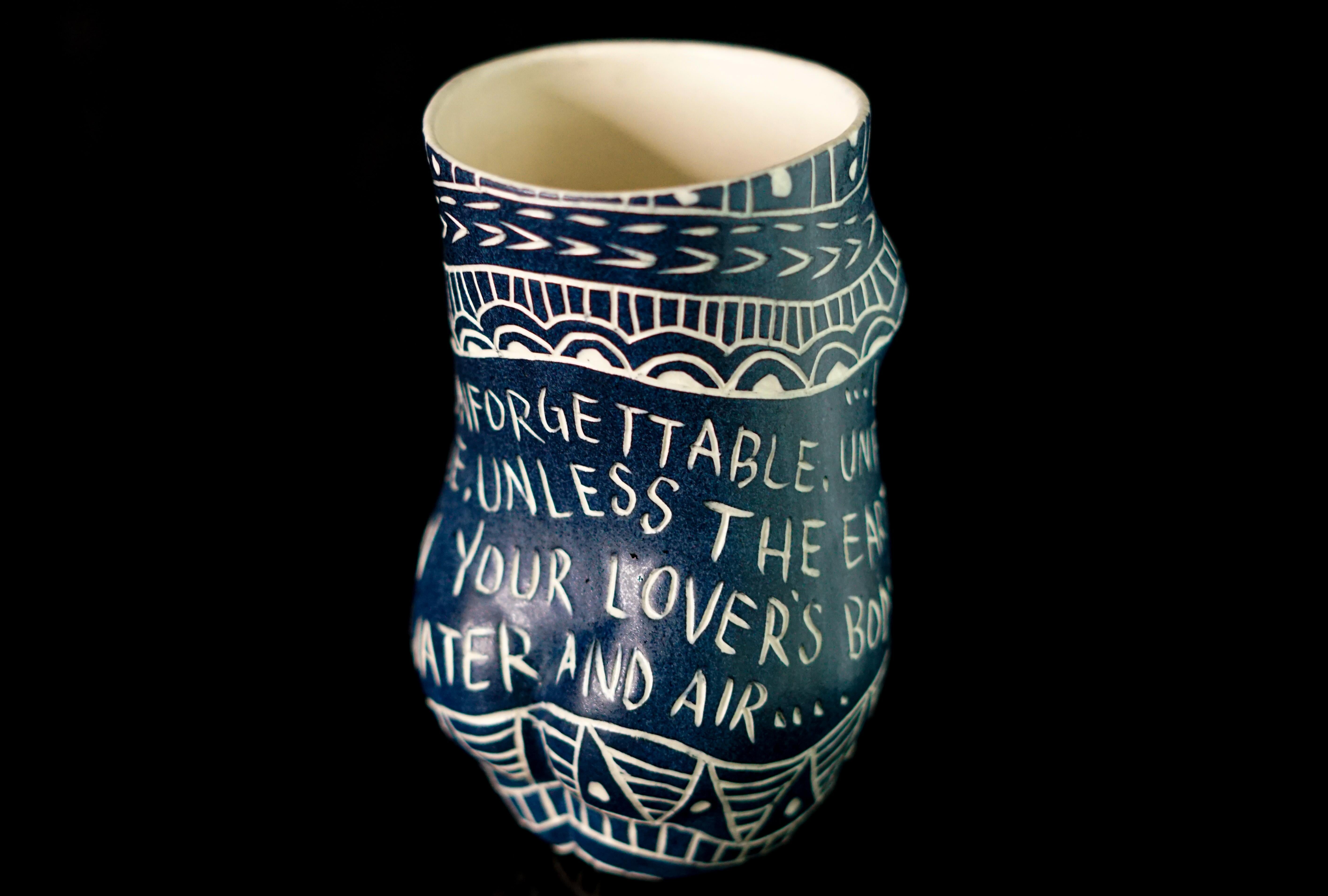 Love (Between Women)…, Porcelain Cup with Sgraffito Detailing - Black Figurative Sculpture by Alex Hodge