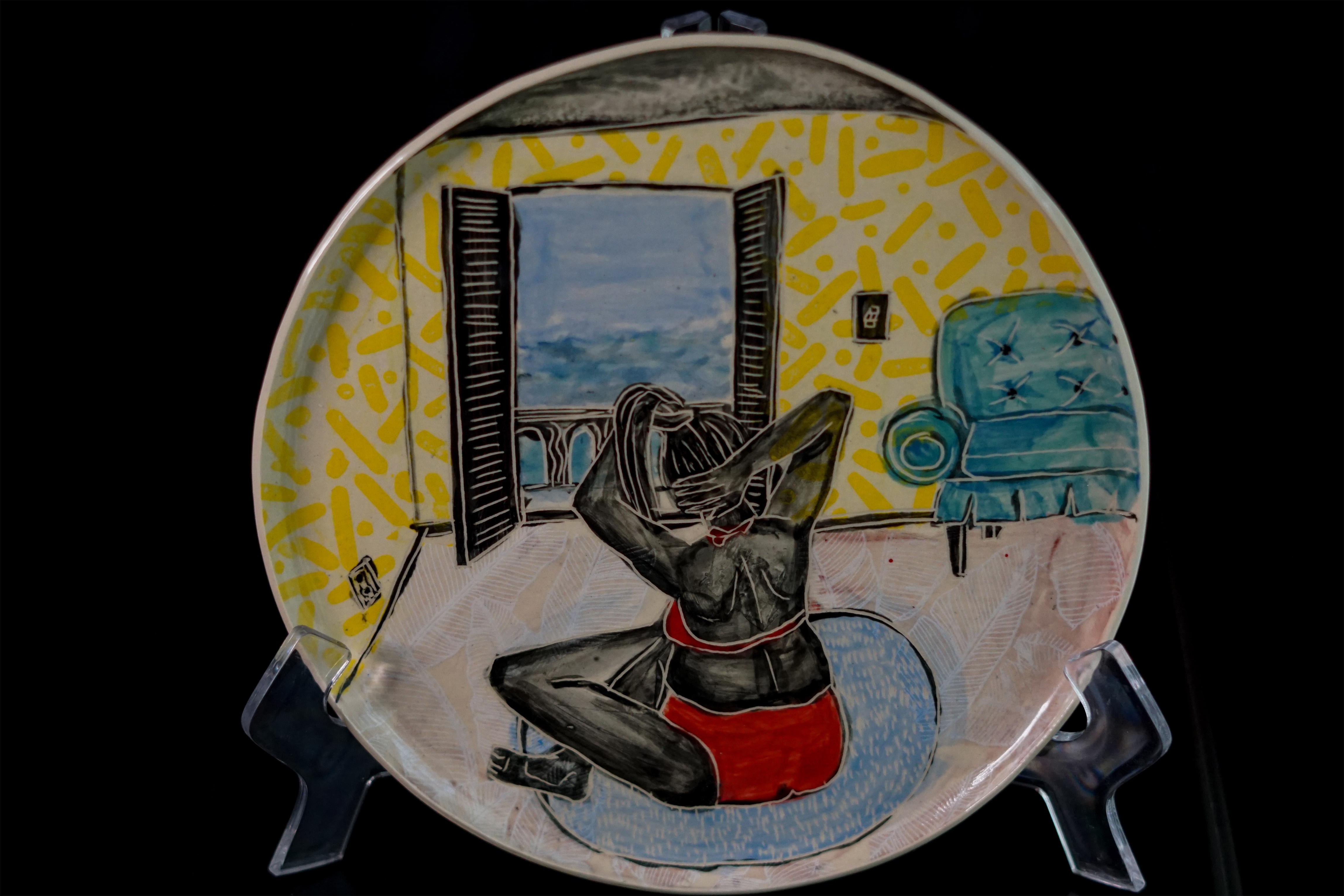 Melancholy Remedy, Hand built plate with sgraffito and collaged transfer For Sale 1