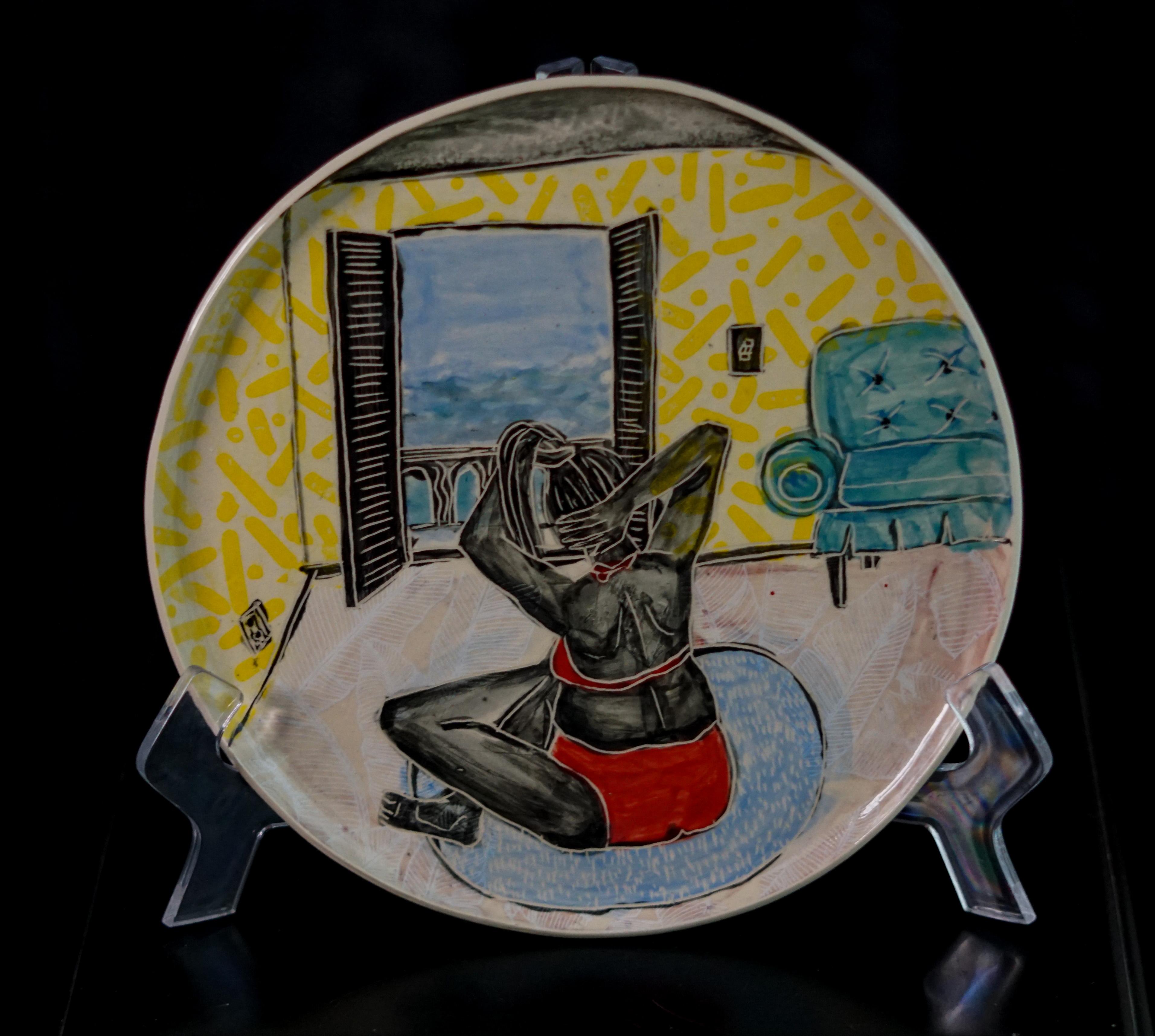 Alex Hodge Figurative Sculpture - Melancholy Remedy, Hand built plate with sgraffito and collaged transfer