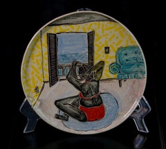 Melancholy Remedy, Hand built plate with sgraffito and collaged transfer