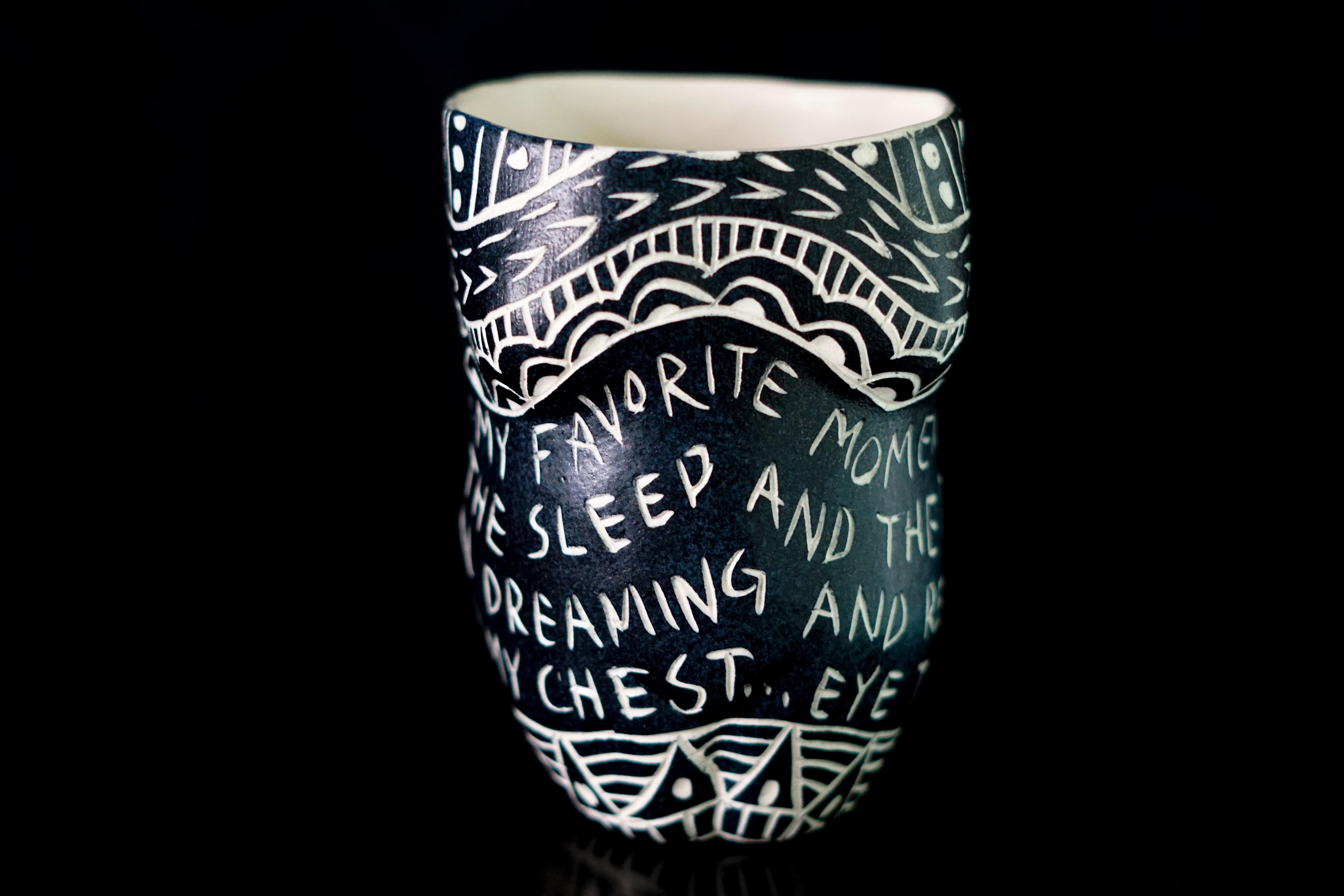 My favorite moment.., Porcelain Cup with Sgraffito Detailing - Sculpture by Alex Hodge