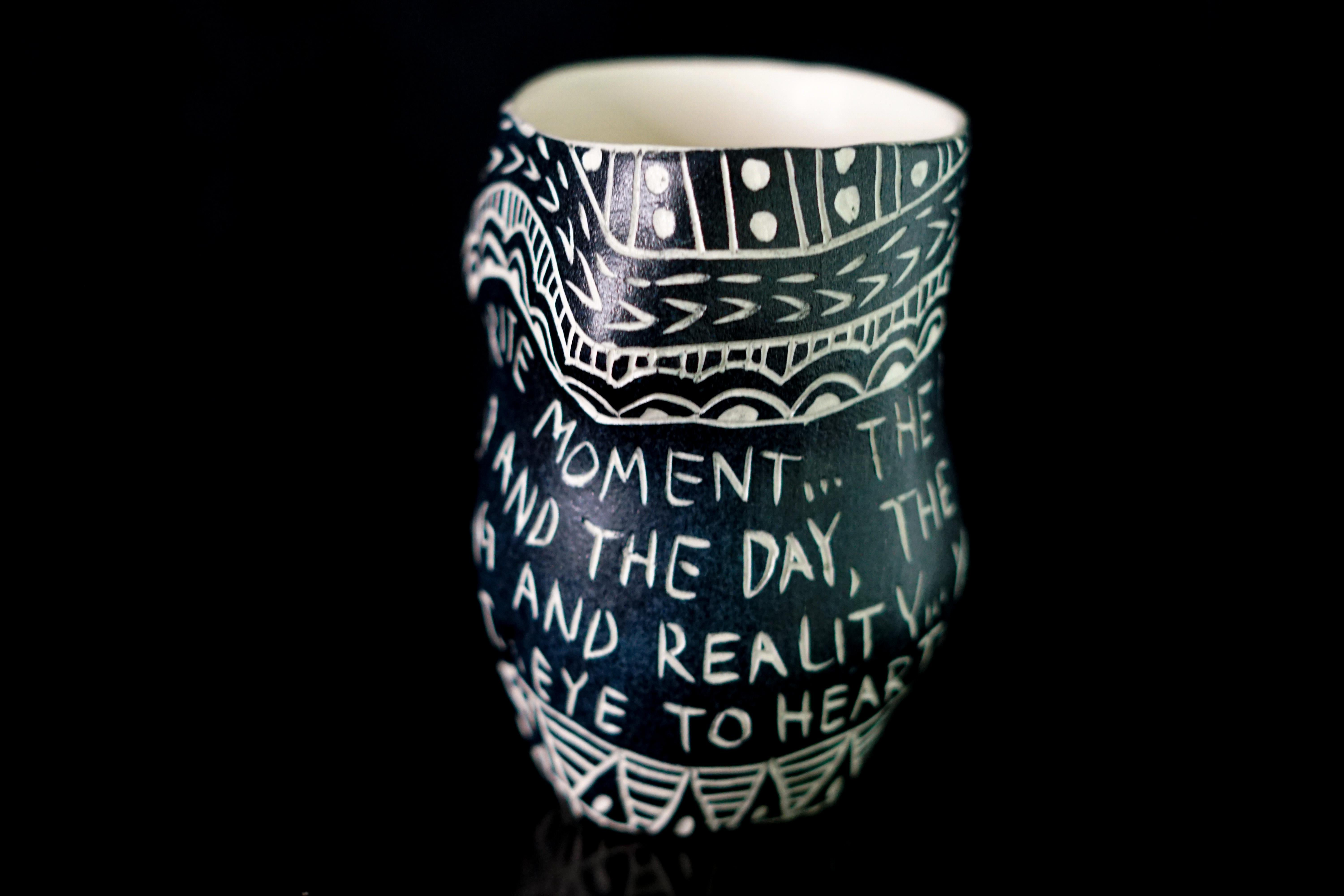 My favorite moment.., Porcelain Cup with Sgraffito Detailing For Sale 1