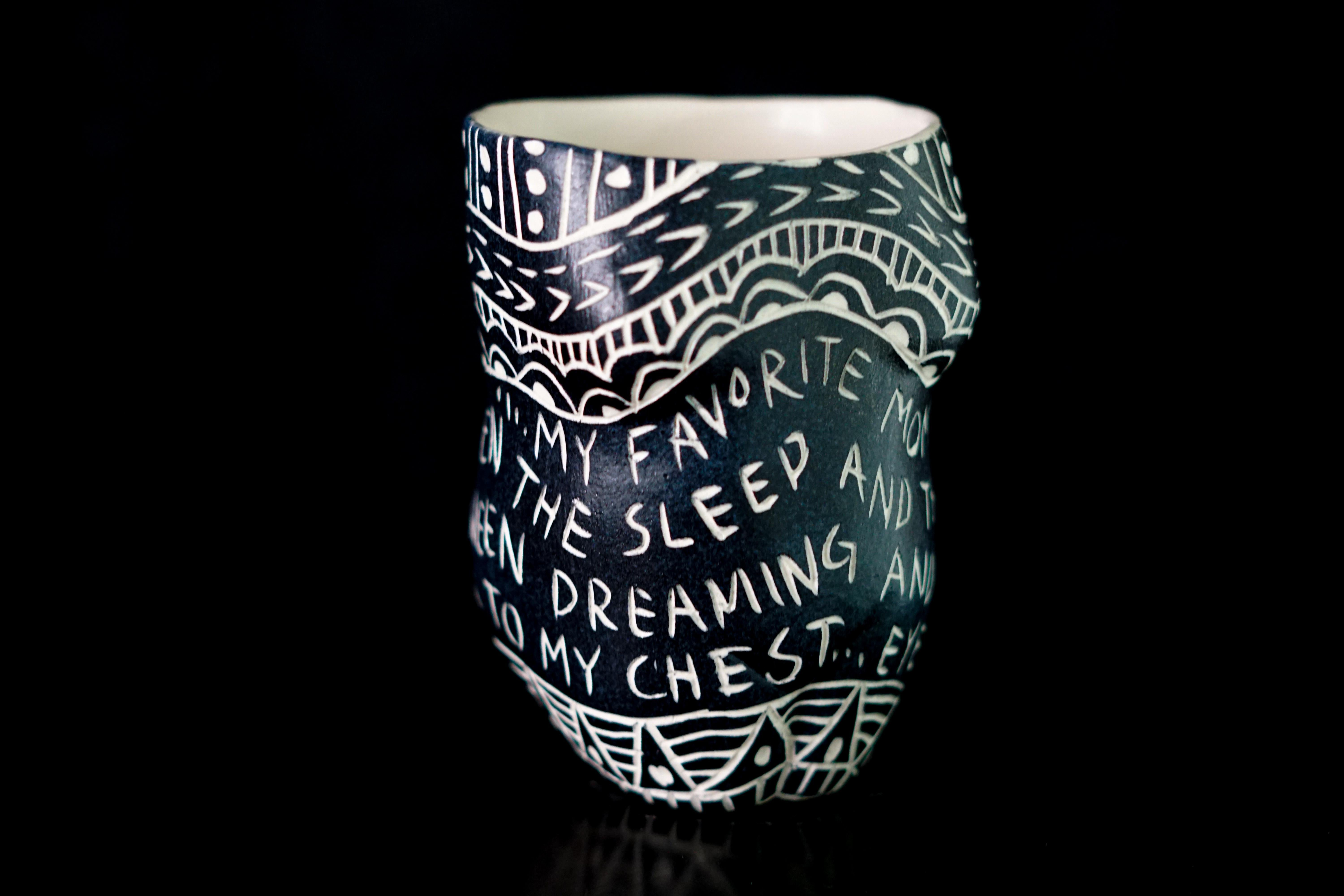 My favorite moment.., Porcelain Cup with Sgraffito Detailing For Sale 2