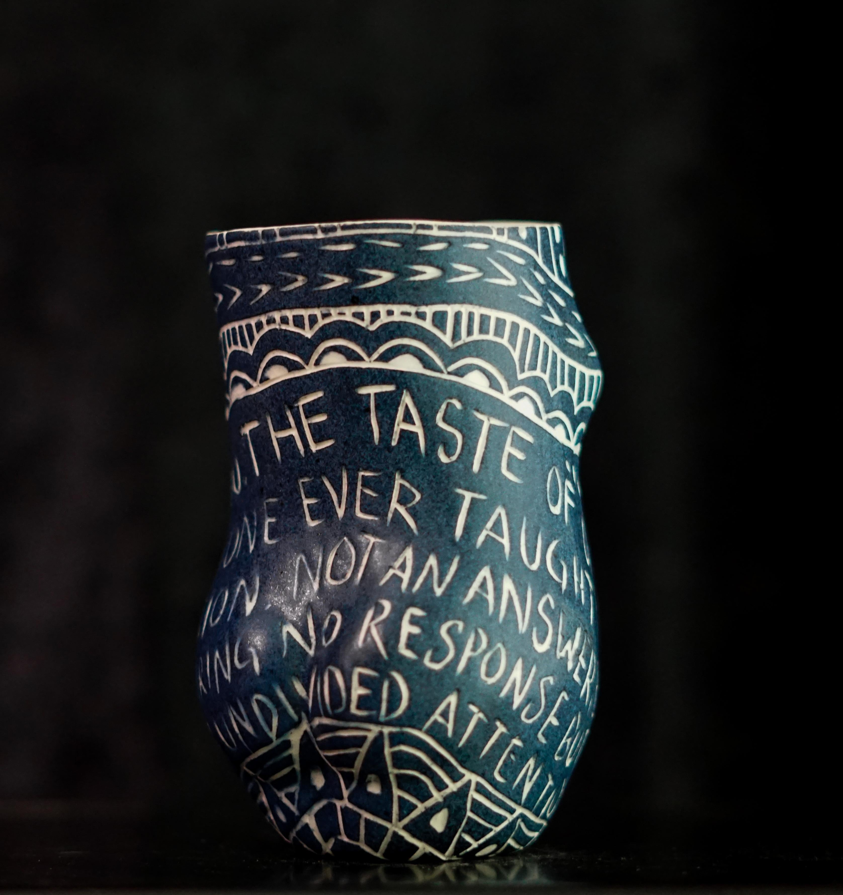 “No One Ever Fed You...” Porcelain cup with sgraffito detailing by the artist For Sale 1