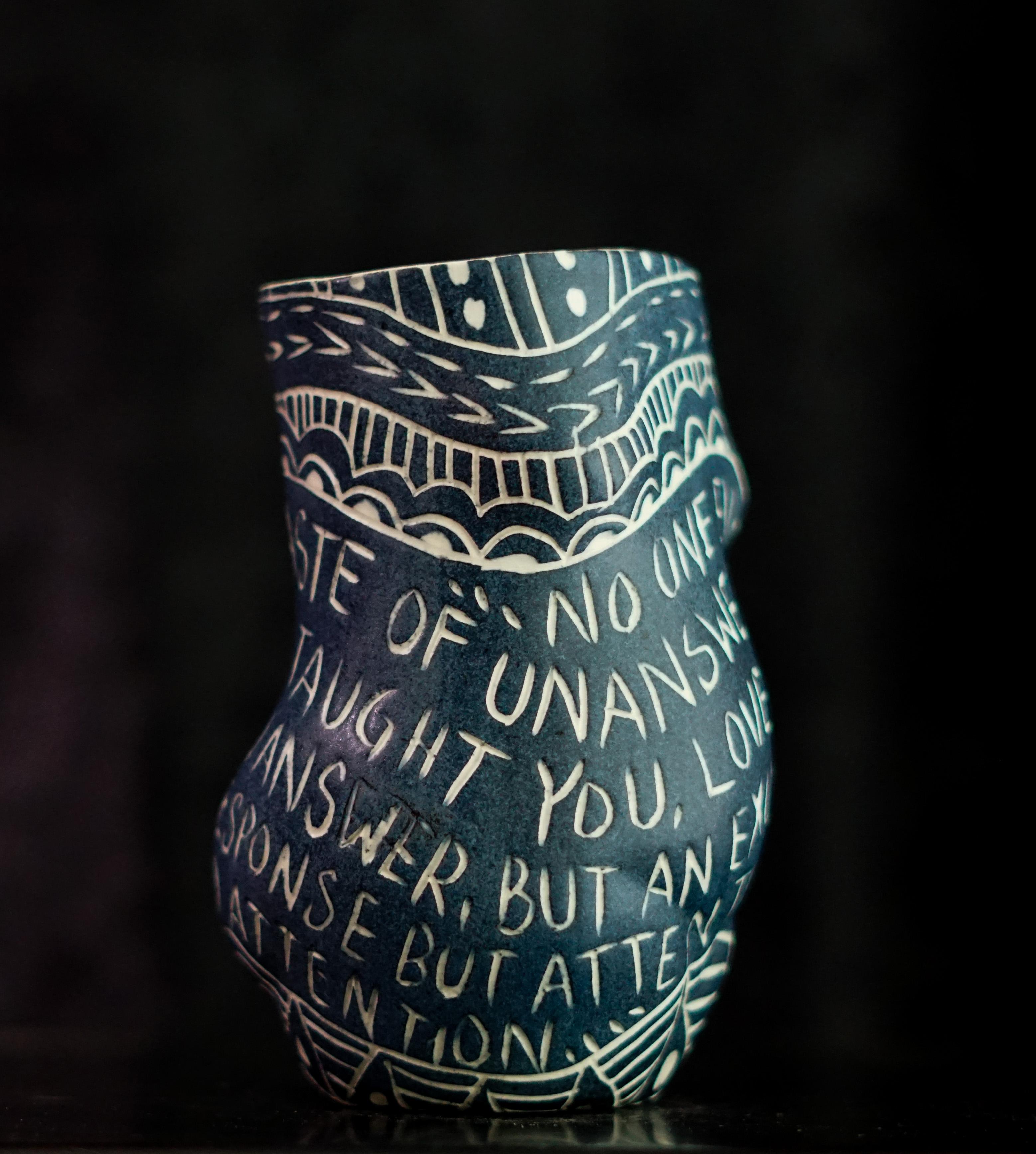 “No One Ever Fed You...” Porcelain cup with sgraffito detailing by the artist For Sale 2