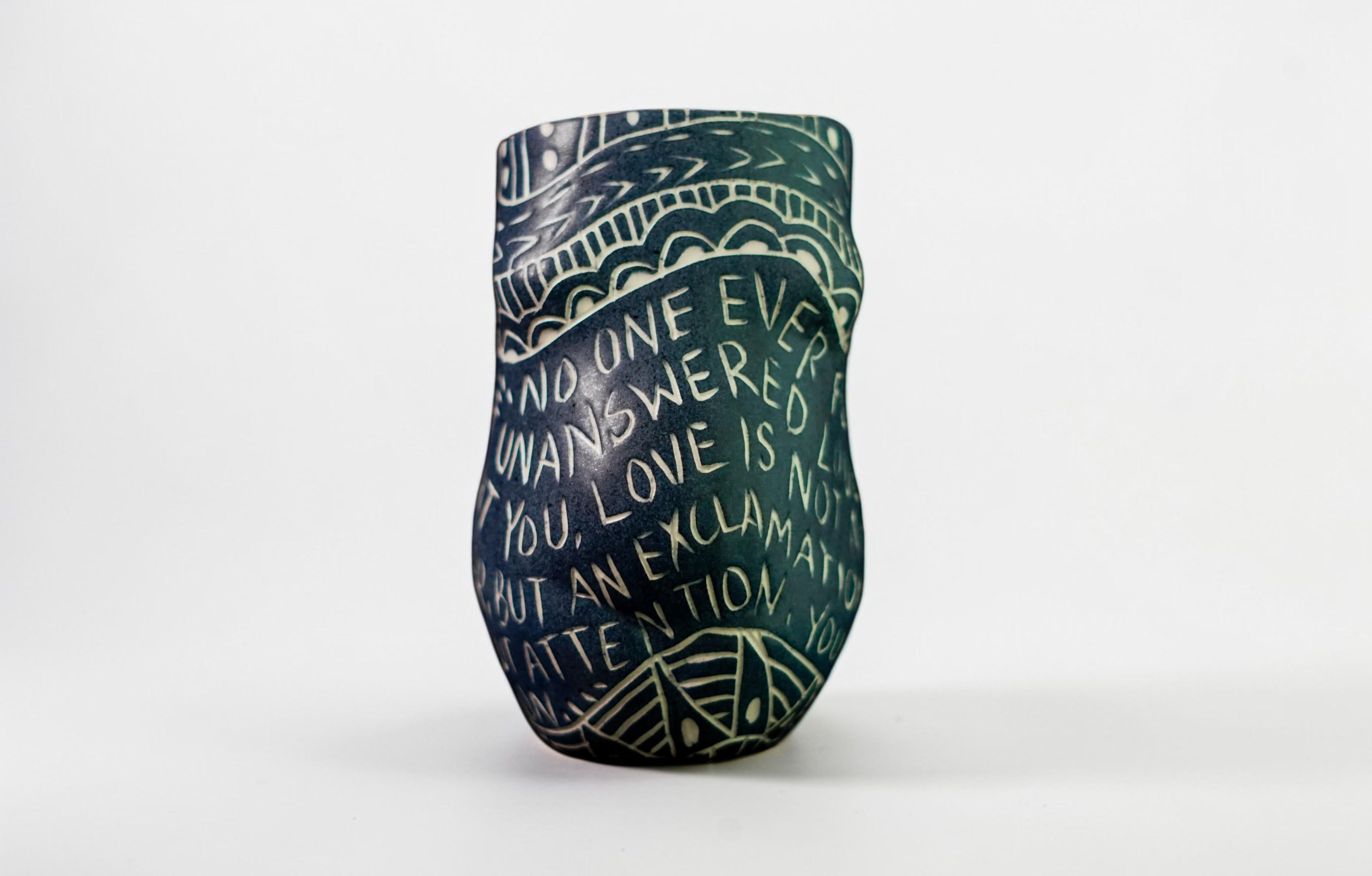 Alex Hodge Abstract Sculpture - “No One Ever Fed You...” Porcelain cup with sgraffito detailing by the artist